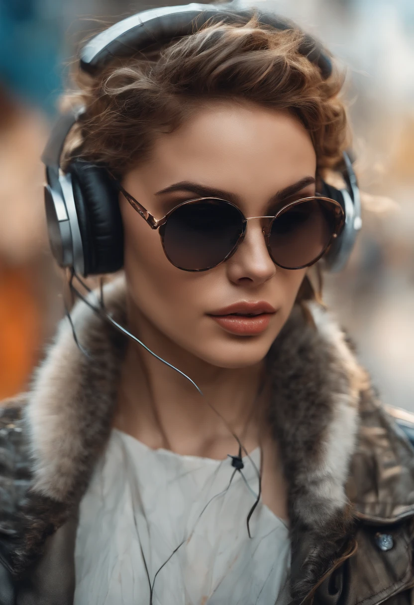 Perfect centralization, Um gatinho bonito por toda parte, Use uma jaqueta de estudante, wearing sunglass, Usando fones de ouvido, Standing position, beleza abstrata, Centrado, Looking at the camera, Facing the camera, nearing perfection, Dynamic, luar, altamente detalhado, pintura digital, art stations, Conceito-Arte, liso, foco nítido, 8k, high-definition resolution, illustration, arte de Carne Griffiths e Wadim Kashin, fundo branco