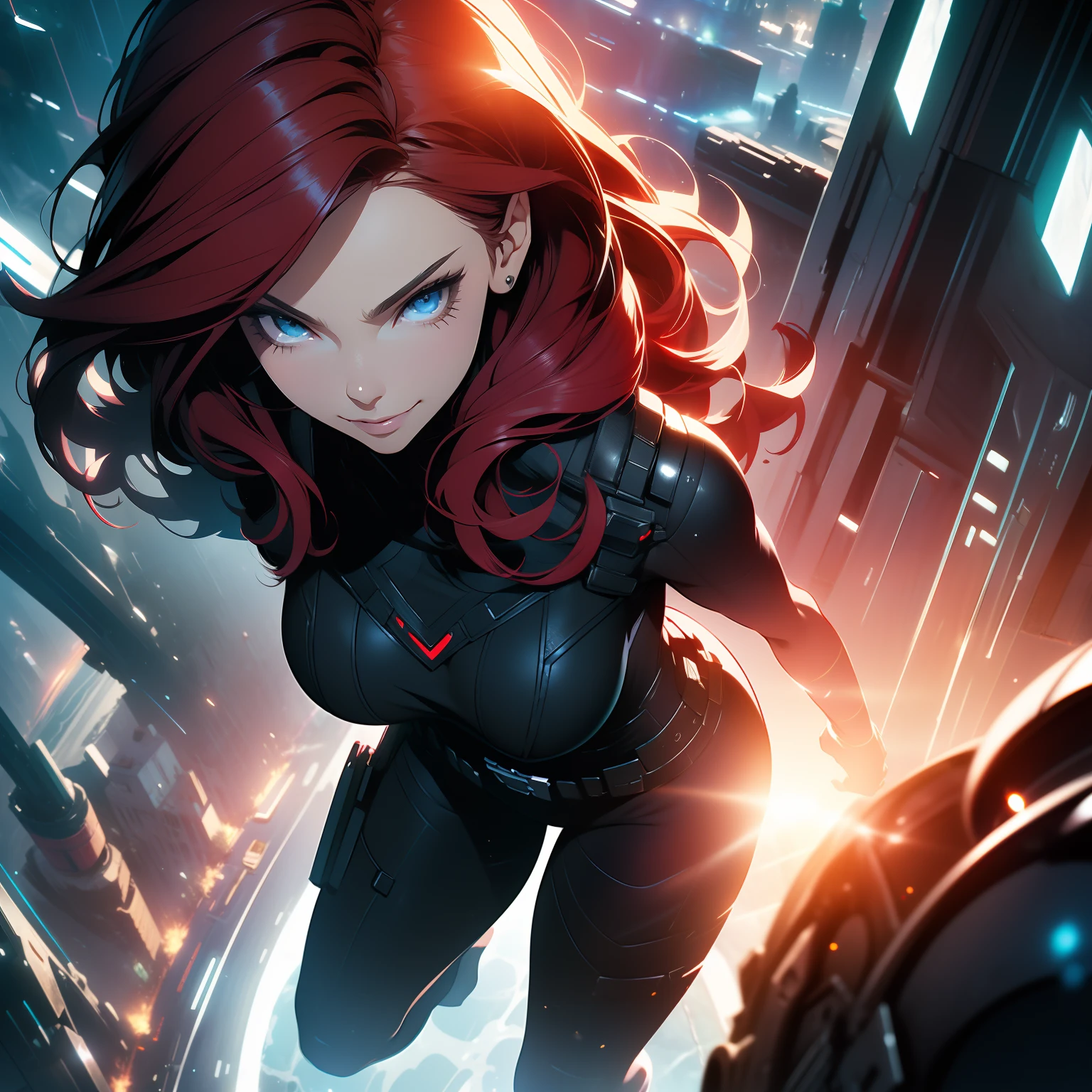 A dark scene of Black Widow in action, in a city at night, with skyscrapers in the background and lights reflecting on her black tactical suit. She holds her espionage weapons, ready for battle