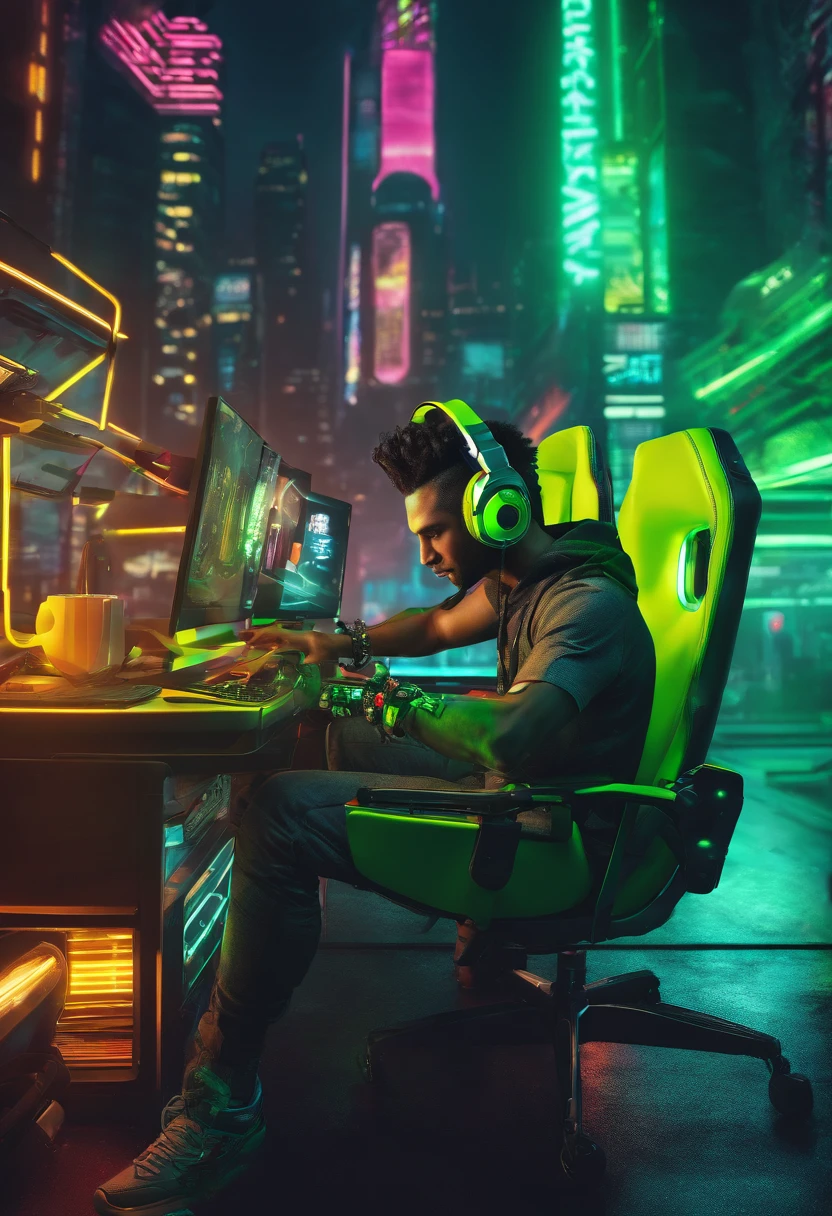 Man wearing headphones in front of the computer playing video games sitting in a gaming chair, dark background with neon green details
