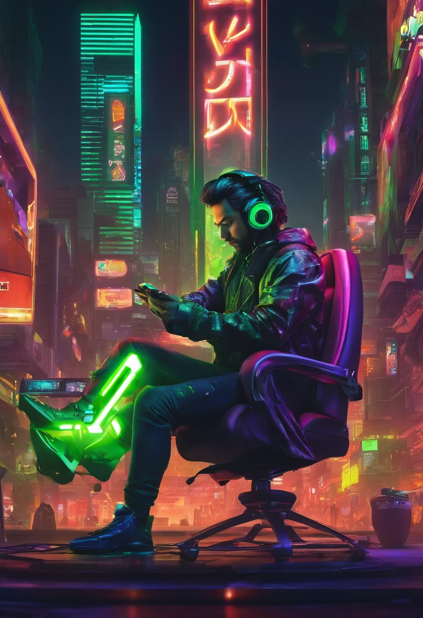 Man wearing headphones in front of the computer playing video games sitting in a gaming chair, dark background with neon green details