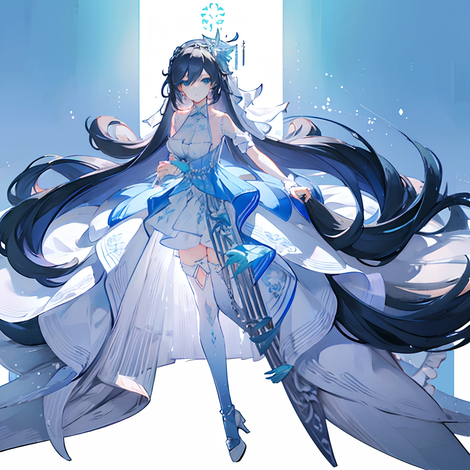 masterpiece, best quality,1girl,solo, Fu Hua\(Cerulean Court\),white background, hair over right eye ,eye visible through hair,hair ornamet, wedding dress,white high heels,thighhighs, full body, (church:1.2),looking at viewer, big breasts,