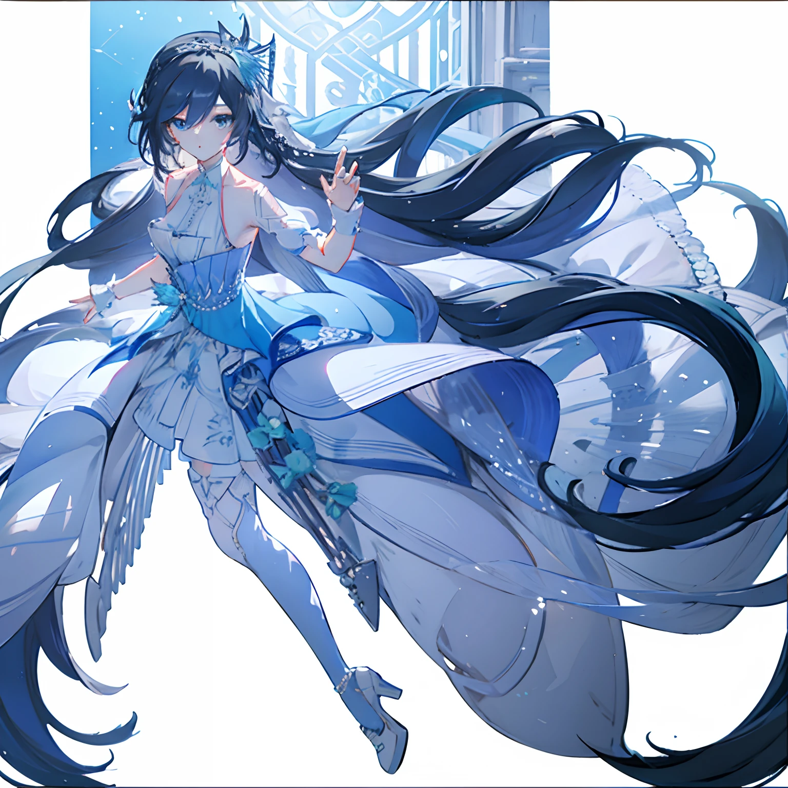 masterpiece, best quality,1girl,solo, Fu Hua\(Cerulean Court\),white background, hair over right eye ,eye visible through hair,hair ornamet, wedding dress,white high heels,thighhighs, full body, (church:1.2),looking at viewer, big breasts,