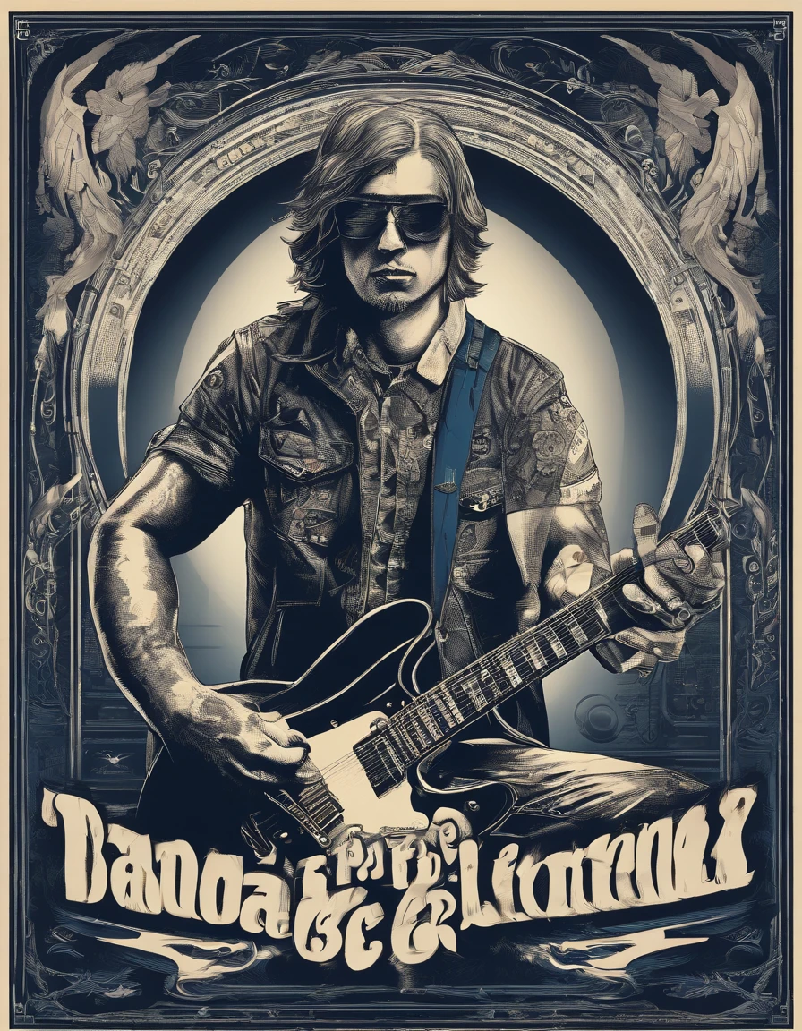 banda de Rock, baterista delgado de cabello oscuro y risado, bateria electrica. cantante delgado moreno, gafas de piloto con guitarra. segudo guitarrista blanco, delgado, cabello negro y muy largo, apasioado con su guitarra electrica de color blanco y negro. Bajista hombre, cabello corto risado, sobre peso, fornido, bajo electrico azul. Tocando en un escenario profesional con luces, niebla, pantallas y pirotecnia. super realista , iluminacion profesional,