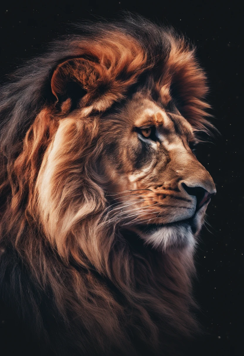 a photograph Galaxies, espirais, outer space, Nebulosas, estrelas, smoke billowing,espatacular imagem, detalhe intrincado, in the form of a lion, octane rendering, 8k hiper realista, Textura realista, Unreal Natural Lighting Engine, cinestill 800, (mola a 35mm | |) the lion with a large crown of thorns , uma cruz ao fundo da imagem
