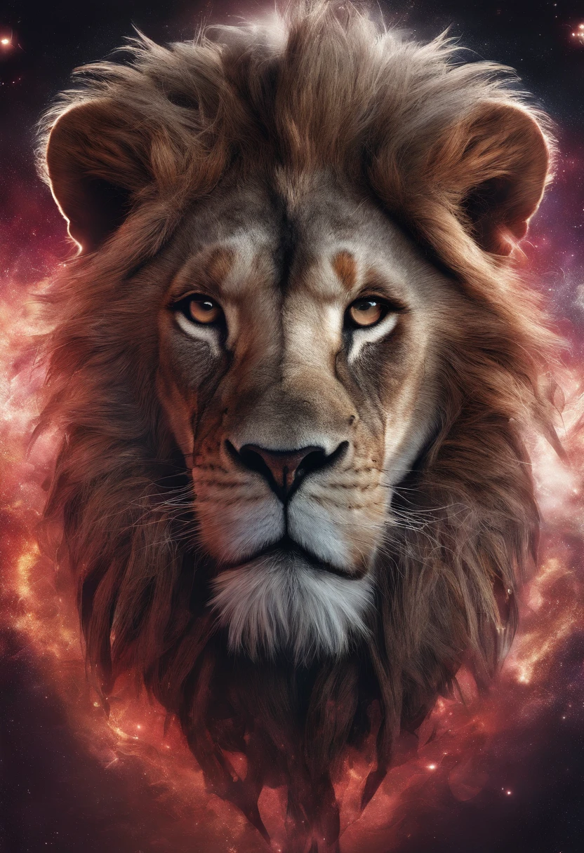 a photograph Galaxies, espirais, outer space, Nebulosas, estrelas, smoke billowing,espatacular imagem, detalhe intrincado, in the form of a lion, octane rendering, 8k hiper realista, Textura realista, Unreal Natural Lighting Engine, cinestill 800, (mola a 35mm | |) the lion with a large crown of thorns , uma cruz ao fundo da imagem