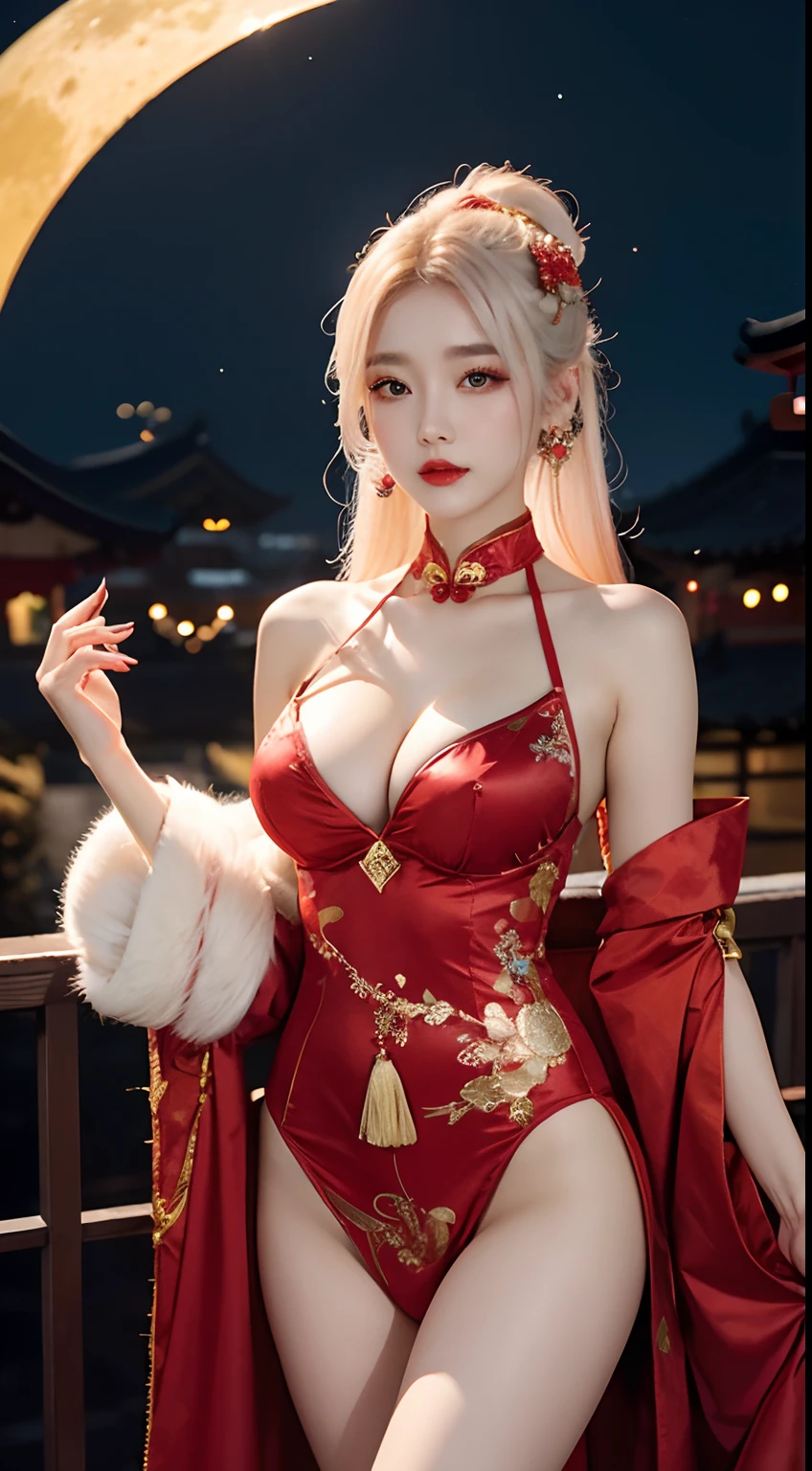 Beautiful Girl, Korean makeup, Red lips, Platinum hair, medium body, big breasts, thigh, Chinese fairy costume, Antique, sexy outfits, Mid-Autumn Festival decoration, moon background mode.