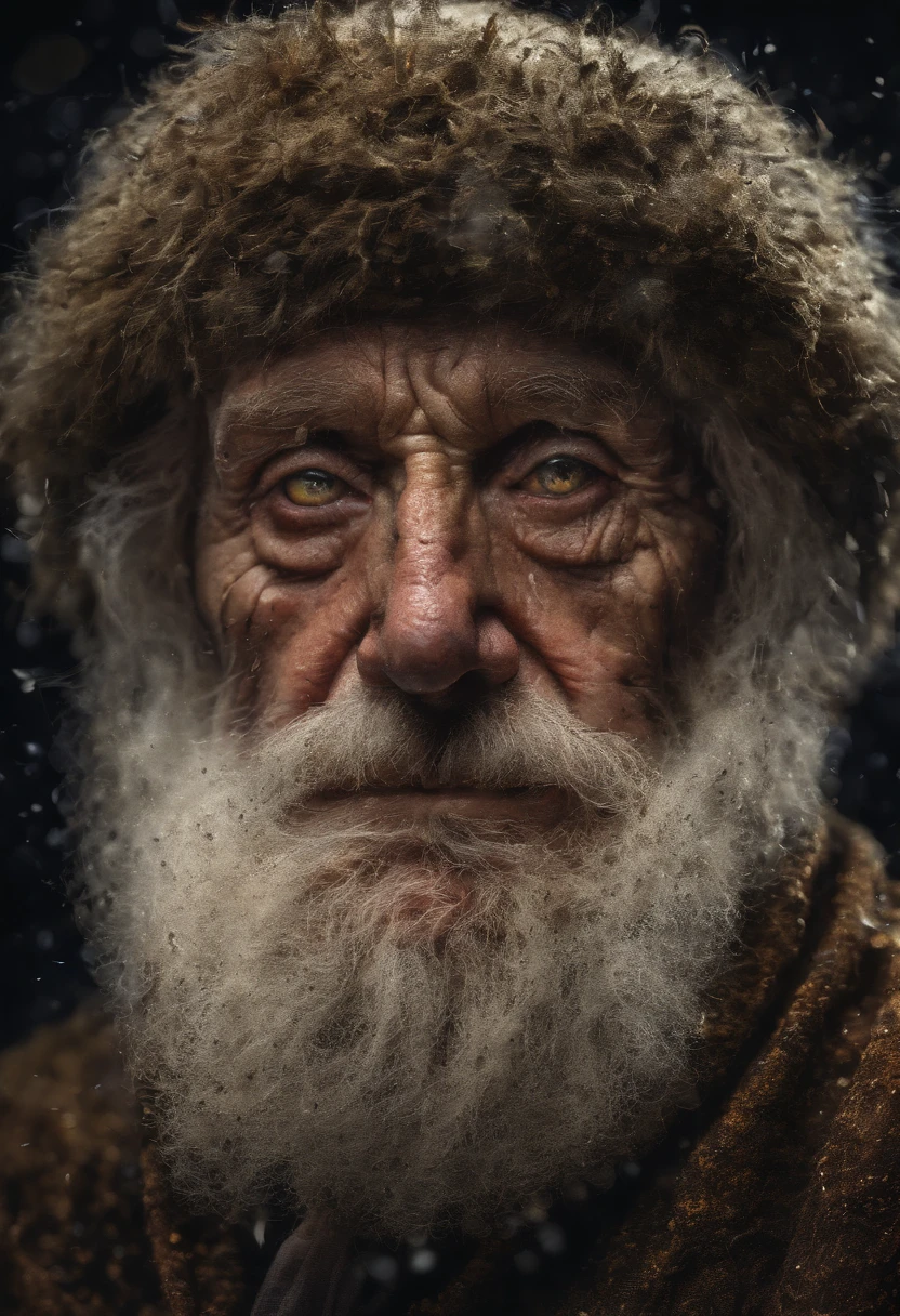 An epic close up portrait of elderly intense sinister eyes, and nose with long white beard, framed with a faded ancient tattered white linen hood, reflecting gold sparks in the irises of the eyes, white eyebrows, at night, dramatic lighting, high contrast, highest definition, hyperrealism, hyperrealistic, photorealistic, high resolution, hdr photography, 8k