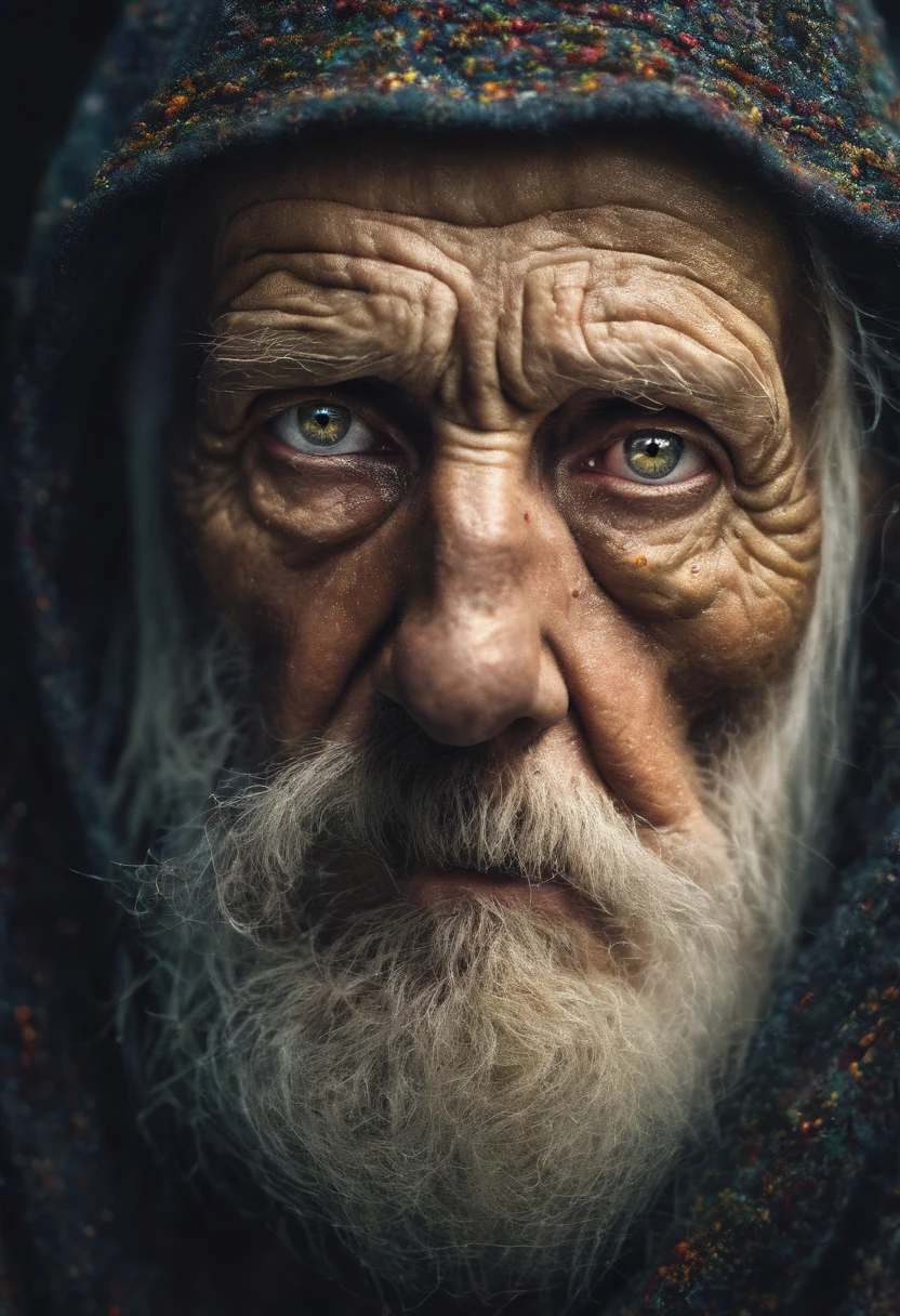 An epic close up portrait of elderly intense sinister eyes, and nose with long white beard, framed with a faded ancient tattered white linen hood, reflecting gold sparks in the irises of the eyes, white eyebrows, at night, dramatic lighting, high contrast, highest definition, hyperrealism, hyperrealistic, photorealistic, high resolution, hdr photography, 8k
