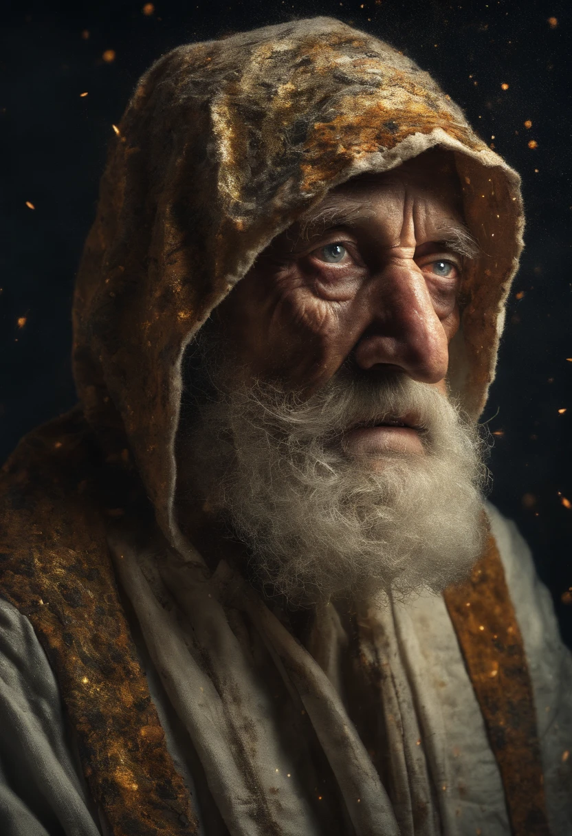 An epic close up portrait of elderly intense sinister eyes, and nose with long white beard, framed with a faded ancient tattered white linen hood, reflecting gold sparks in the irises of the eyes, white eyebrows, at night, dramatic lighting, high contrast, highest definition, hyperrealism, hyperrealistic, photorealistic, high resolution, hdr photography, 8k