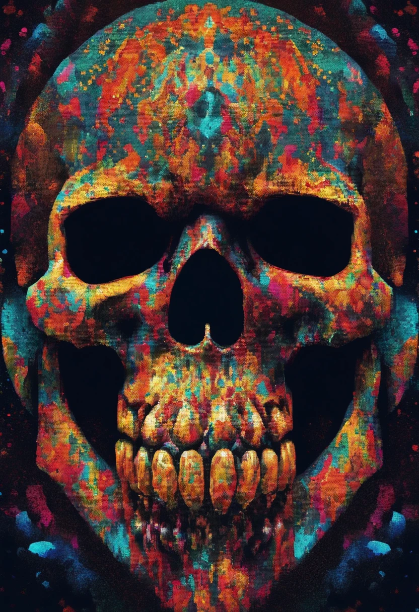 Dripping Splash Skull: A skull surrounded by dripping paint splashes that suggest movement and creative expression. T-shirt design graphic, vector, contour, black background.