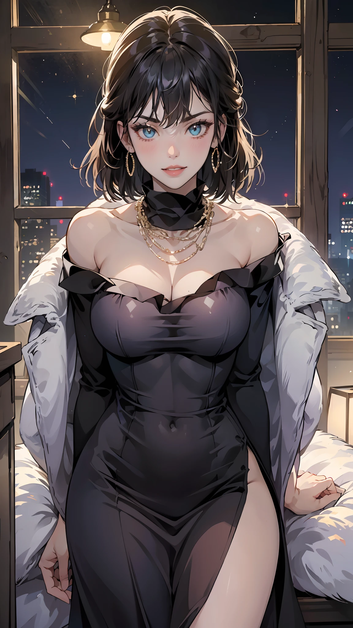 ((((masterpiece, best quality, high resolution)))), (1girl:1.5), (large breasts: 1.2), blush, light smile, parted lips, glow, narrow waist, cleavage, (beautiful detailed face, beautiful detailed eyes), long slender thighs, perfect eyes, looking at the viewer, seductive looks, seductive pose, standing on the door, arms behind back, night time, black dress, dress, fur coat, high collar, jewelry, necklace, off shoulder, taut clothes, taut dress,