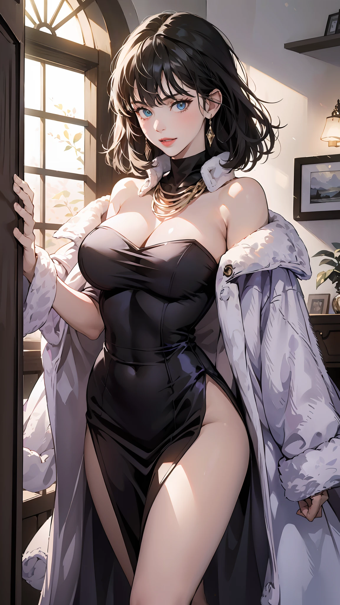 ((((masterpiece, best quality, high resolution)))), (1girl:1.5), (large breasts: 1.2), blush, light smile, parted lips, glow, narrow waist, cleavage, (beautiful detailed face, beautiful detailed eyes), long slender thighs, perfect eyes, looking at the viewer, seductive looks, seductive pose, standing on the door, arms behind back, night time, black dress, dress, fur coat, high collar, jewelry, necklace, off shoulder, taut clothes, taut dress,