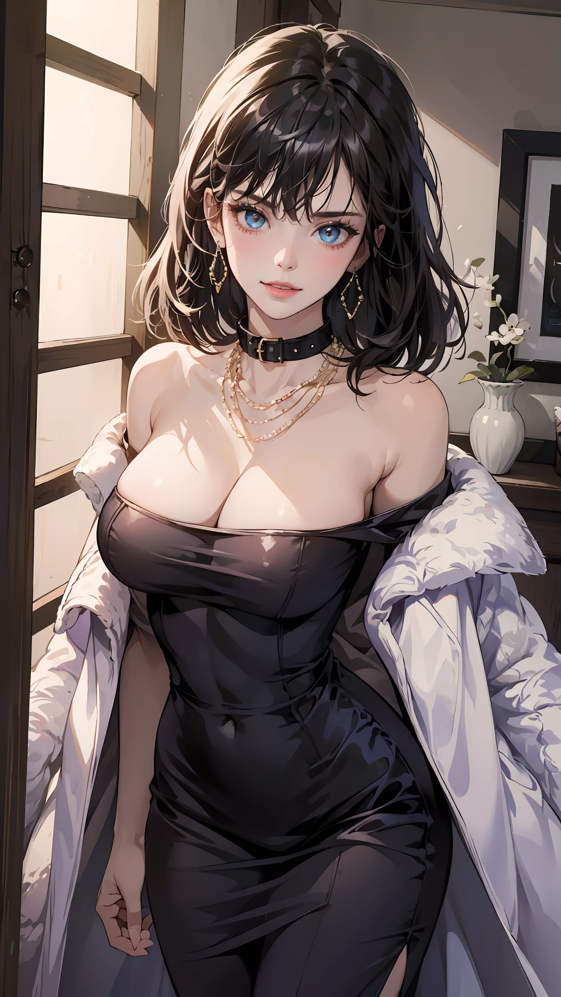 ((((masterpiece, best quality, high resolution)))), (1girl:1.5), (large breasts: 1.2), blush, light smile, parted lips, glow, narrow waist, cleavage, (beautiful detailed face, beautiful detailed eyes), long slender thighs, perfect eyes, looking at the viewer, seductive looks, seductive pose, standing on the door, arms behind back, night time, black dress, dress, fur coat, high collar, jewelry, necklace, off shoulder, taut clothes, taut dress,
