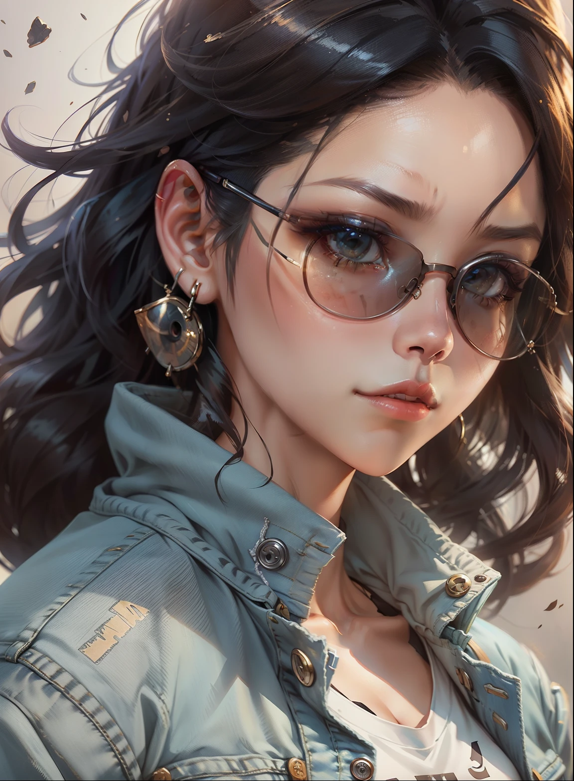 a close up of a woman wearing sunglasses and a denim jacket, style artgerm, artwork in the style of guweiz, artgerm. high detail, style of artgerm, realistic art style, artgerm portrait, realistic artstyle, ig model | artgerm, extremely detailed artgerm, in style of artgerm