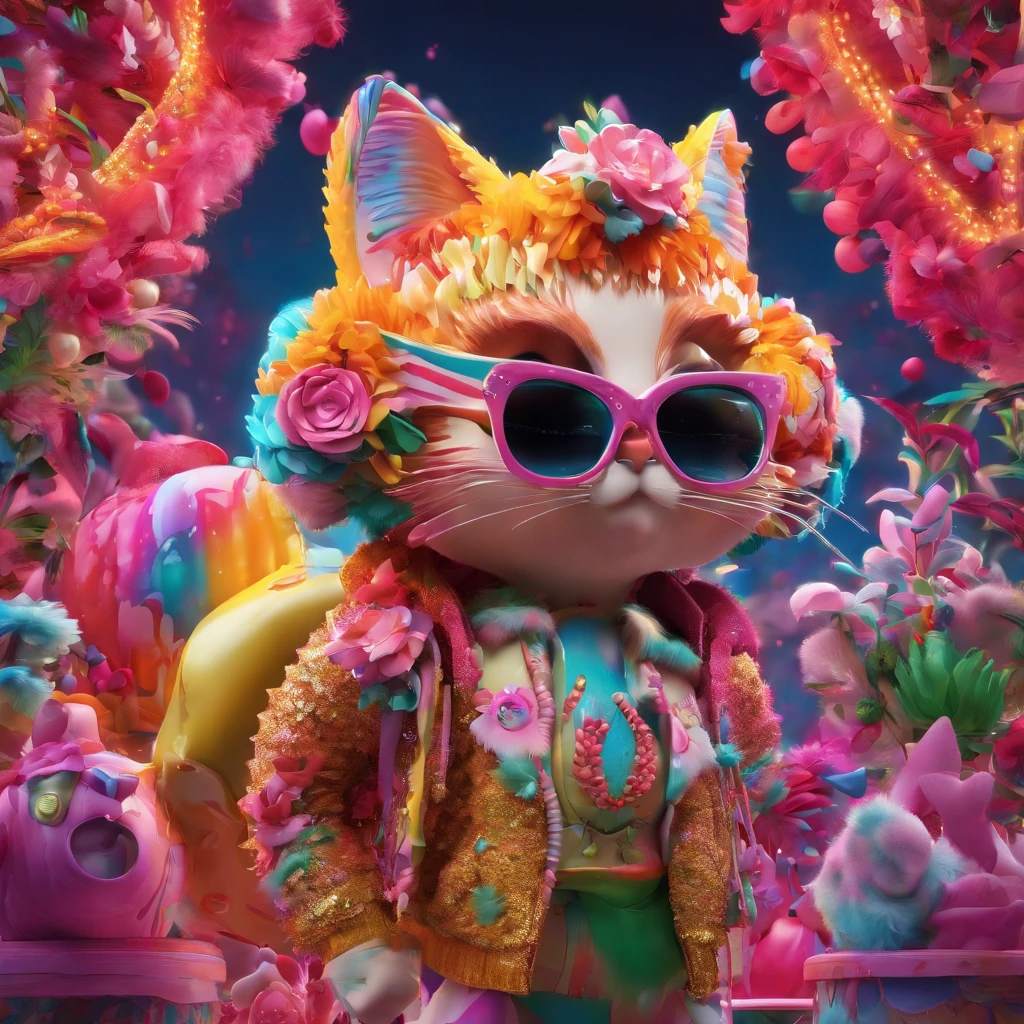 In a whimsical kawaii cafe, Kitten Fluffy, crafted from highly detailed curling, thin glowing multi-colored smoke, dons a rose flower hoodie and fancy funny stylish giant shiny sunglasses. Against a backdrop of vibrant neon typography spelling VIKUSIA, FAINOHO DNIA, capture its enchantment in a digital art masterpiece. Incorporate volumetric 3D rendering, Octane render, and vibrant graffiti elements to create a fantasy illustration that showcases its fashion-forward style. Make it pop with a poster-worthy 3D render that embraces the essence of this captivating character ((stunningly tantalizing view)). 3D, highly detailed, sharp focus, 8K, ultra quality, UHD, crystal clear, bokeh. Black magic Pocket Cinema Camera 6K Pro with Sigma 18-35mm f/1.8 DC HSM Art lens Canon EOS 5D Mark IV camera with a Canon EF 24-70mm f/2.8L II USM lens --ar 9:16 --v 5.2 --s 750, architecture, vibrant, wildlife photography, portrait photography, fashion, cinematic, typography, 3d render, poster, photo