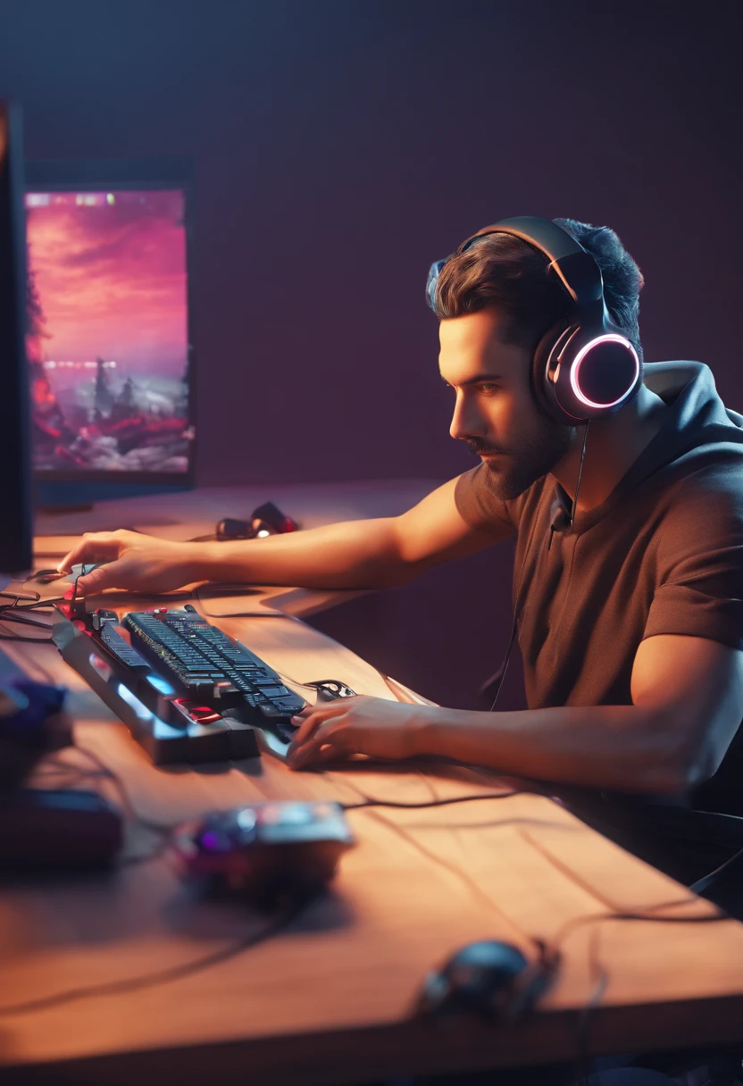 Man wearing headphones in front of the computer playing video games sitting in a gaming chair