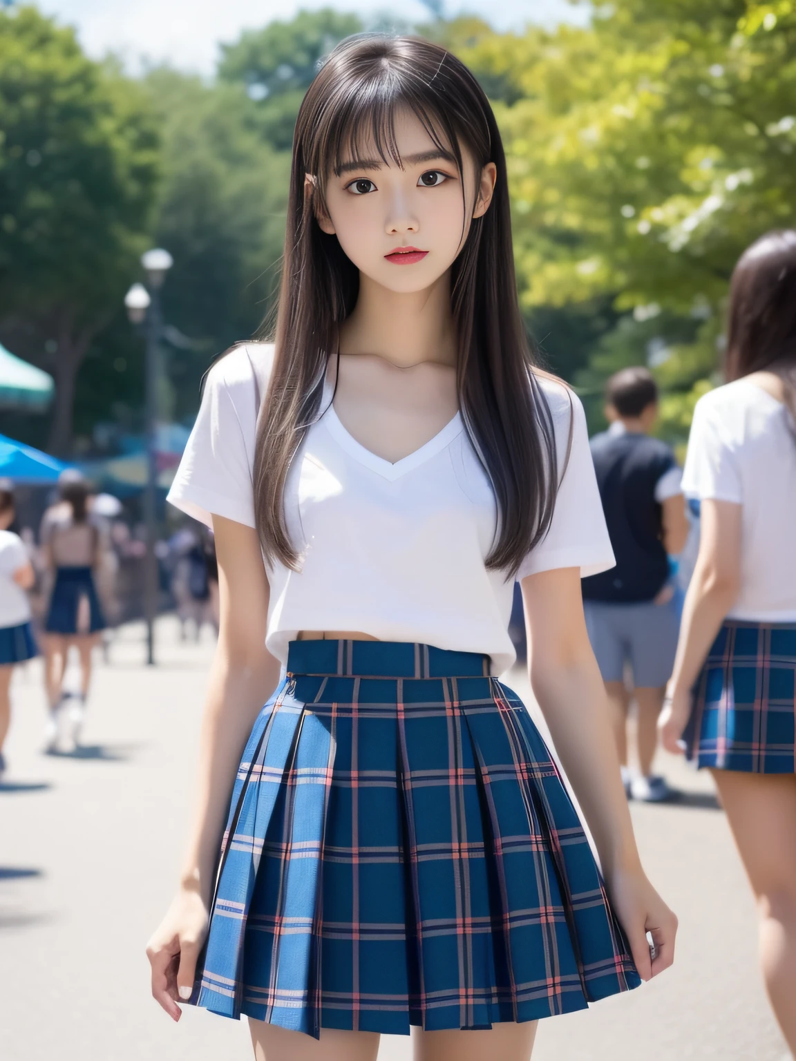 年轻，(pleatedskirt，Blue plaid mini skirt)，White T-shirt without sleeves，teens girl，Delicate body，petite body，small tits，tiny chest，A dark-haired，Very Longhair，An amusement park，((tthin eyebrows))，bangss