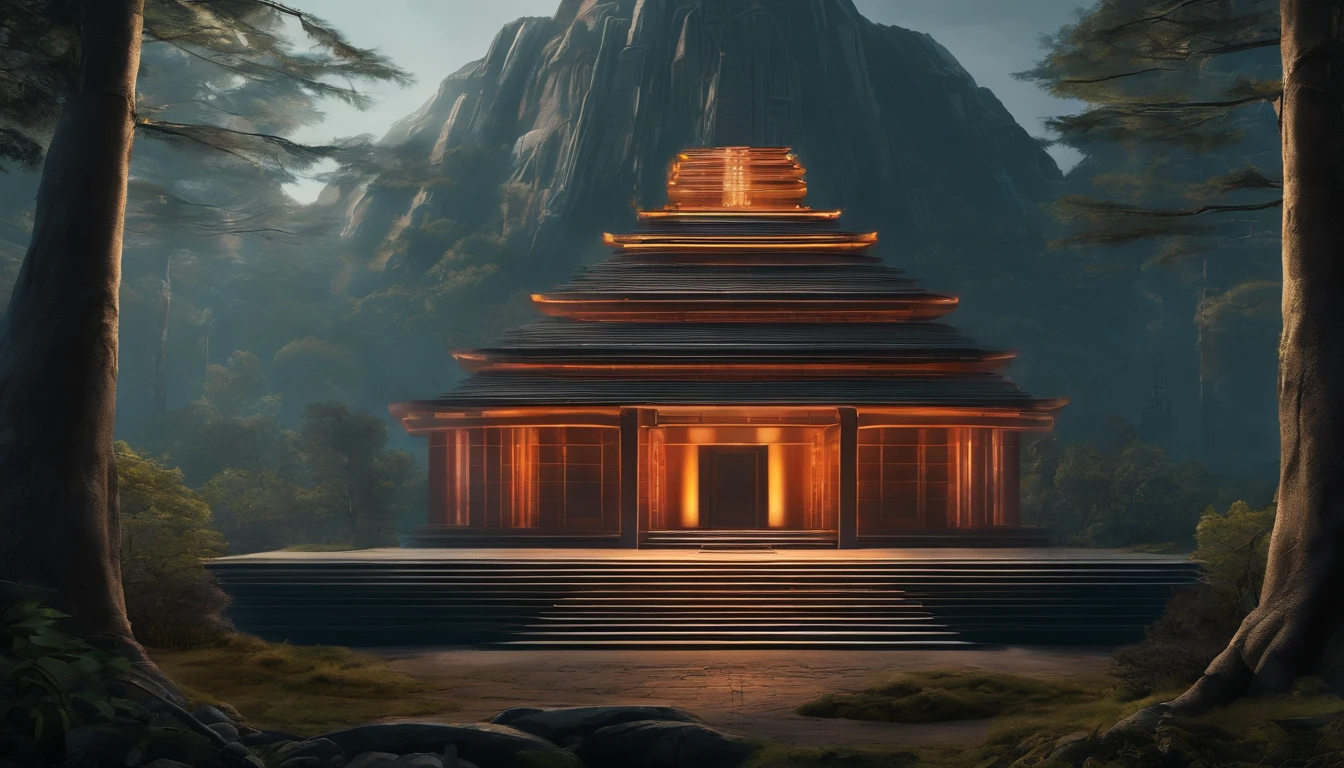 There is a huge glowing temple as the center focus nestled within a dark forest