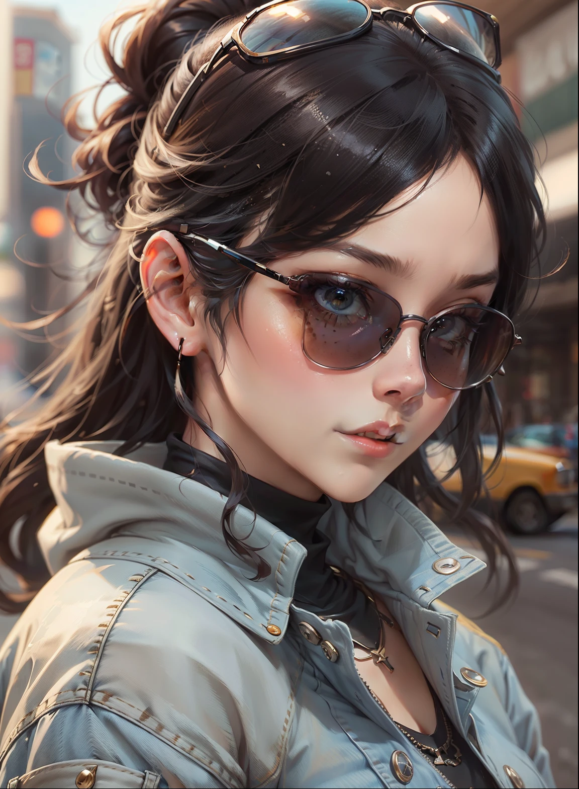 a close up of a woman wearing sunglasses and a denim jacket, style artgerm, artwork in the style of guweiz, artgerm. high detail, style of artgerm, realistic art style, artgerm portrait, realistic artstyle, ig model | artgerm, extremely detailed artgerm, in style of artgerm