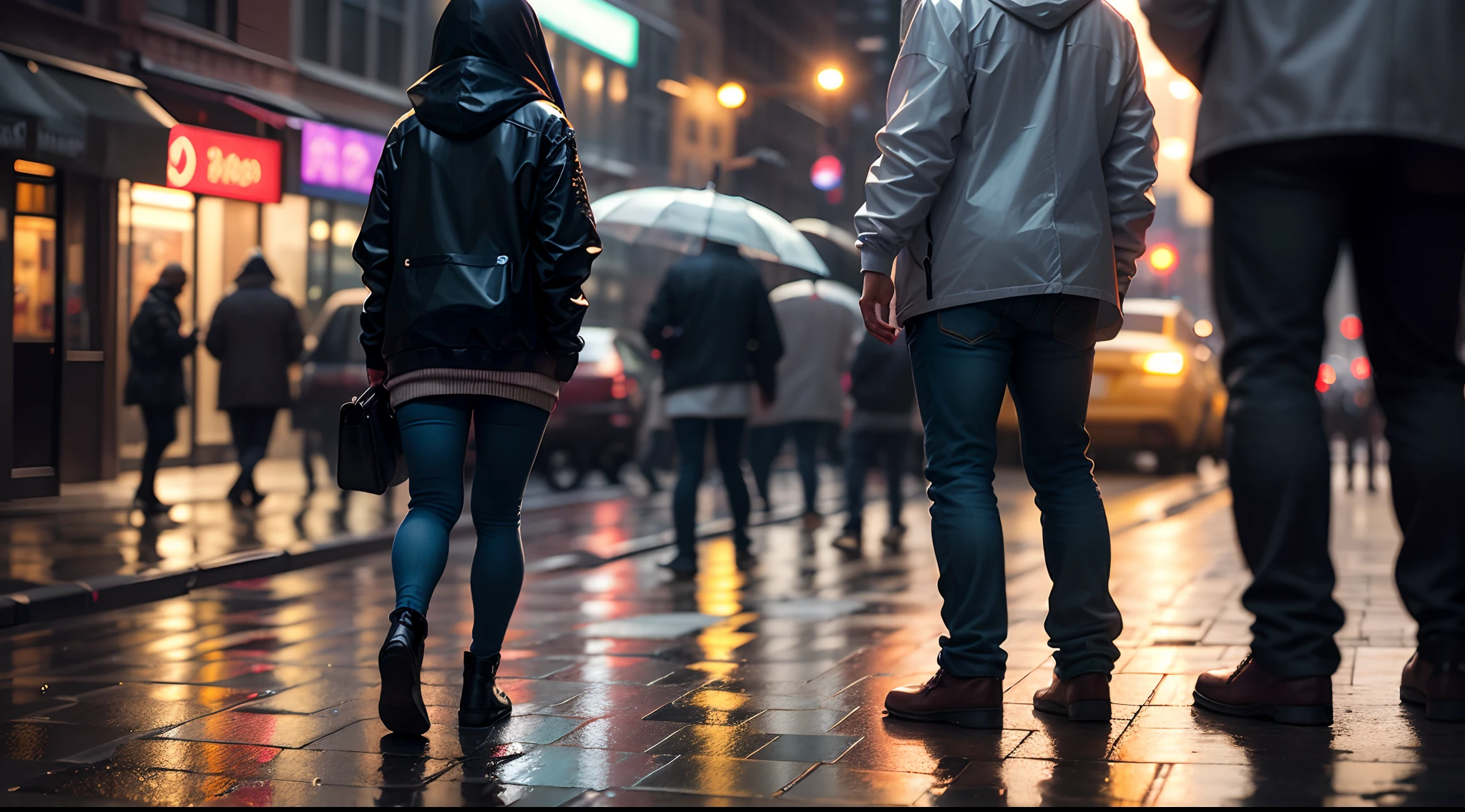 street photograph of a rainy night in New York, reflections on wet pavement, motion streaks of light, high definition, 4k, 8k, photorealistic , ultra photoreal , ultra detailed, intricate details