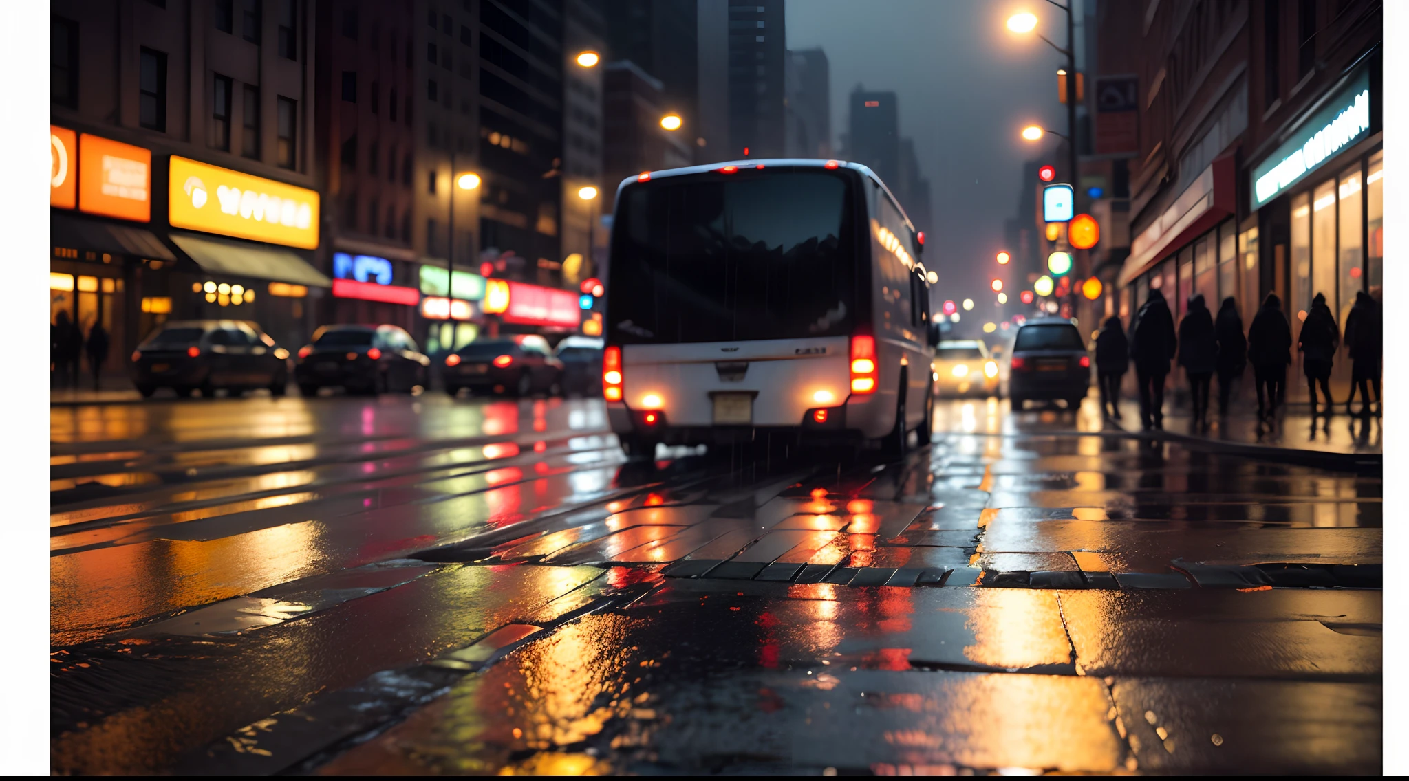 street photograph of a rainy night in New York, reflections on wet pavement, motion streaks of light, high definition, 4k, 8k, photorealistic , ultra photoreal , ultra detailed, intricate details