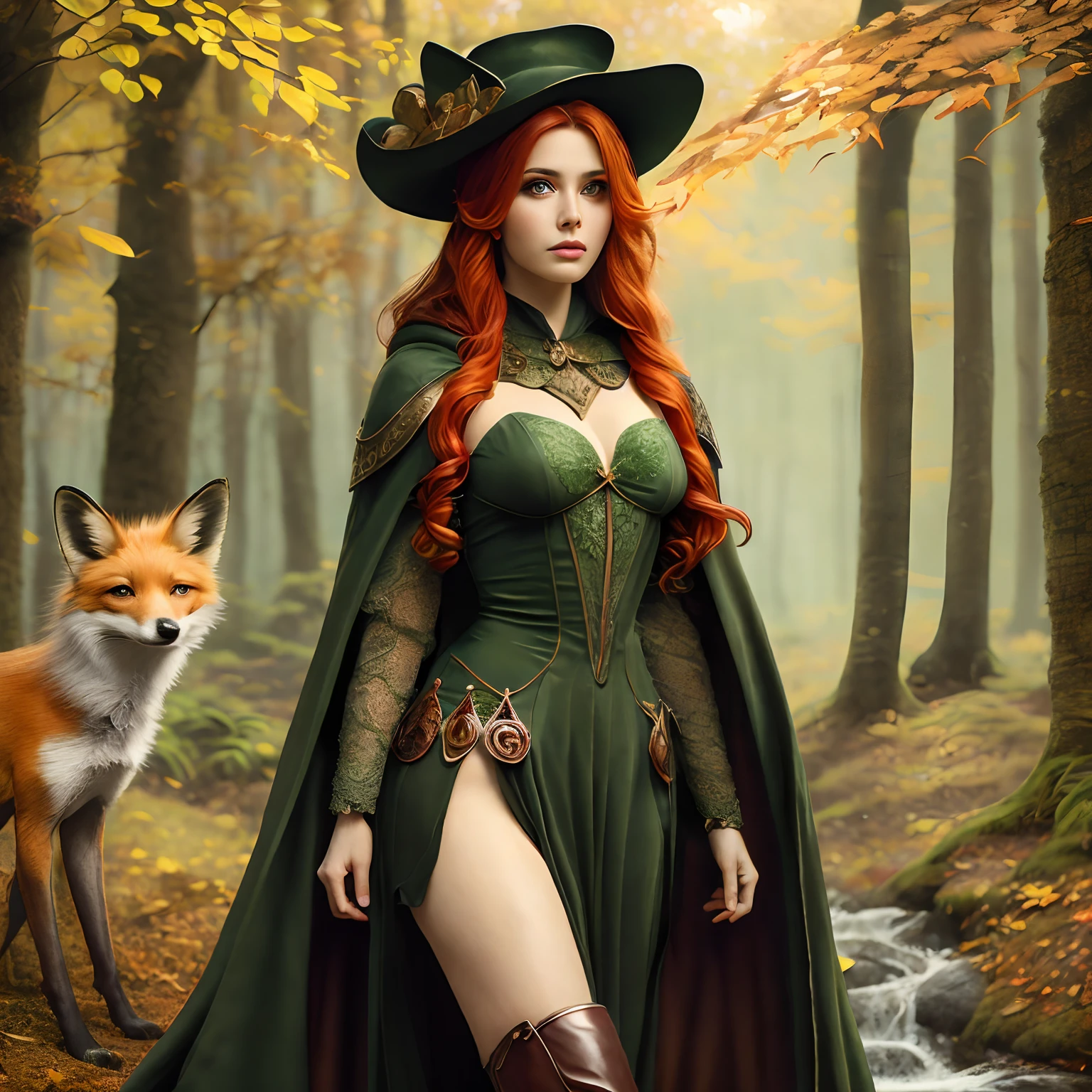 high details, best quality, 8k, [ultra detailed], masterpiece, best quality, (extremely detailed), dynamic angle, ultra wide shot, RAW, photorealistic, fantasy art, dnd art, rpg art, realistic art, a wide angle picture of a female fairie ranger and her pet fox, warrior of nature, fighter of nature, full body, [[anatomically correct]]. dynamic position (1.5 intricate details, Masterpiece, best quality) talking to a fox (1.6 intricate details, Masterpiece, best quality) in forest village (1.5 intricate details, Masterpiece, best quality), a female wearing hooded royal green ornate cape (medium length dark green dress) with thigh high green leather boots and hat (1.4 intricate details, Masterpiece, best quality), thick hair, long hair, red hair, fair skin intense (brown) eyes, forest background (intense details), a stream flowing in the backgraound (1.4 intricate details, Masterpiece, best quality), dawn light, clouds (1.4 intricate details, Masterpiece, best quality), dynamic angle, (1.4 intricate details, Masterpiece, best quality) 3D rendering, high details, best quality, highres, ultra wide angle, celtic fantasy, clover, poison ivy, fae, goddess of mischief, green magic, (wearing green tophat), pixie, fairy, celtic, celtic fantasy art, celtic fantasy, beautiful fairie, beautiful fairy, very beautiful fantasy art, Autumn, beautiful autumn spirit, fall season, Dark colored roses, perfect creation, perfect art, highly detailed, detailed art, masterpiece, perfect creation, perfect art, (outlined iris), (perfect eyes),