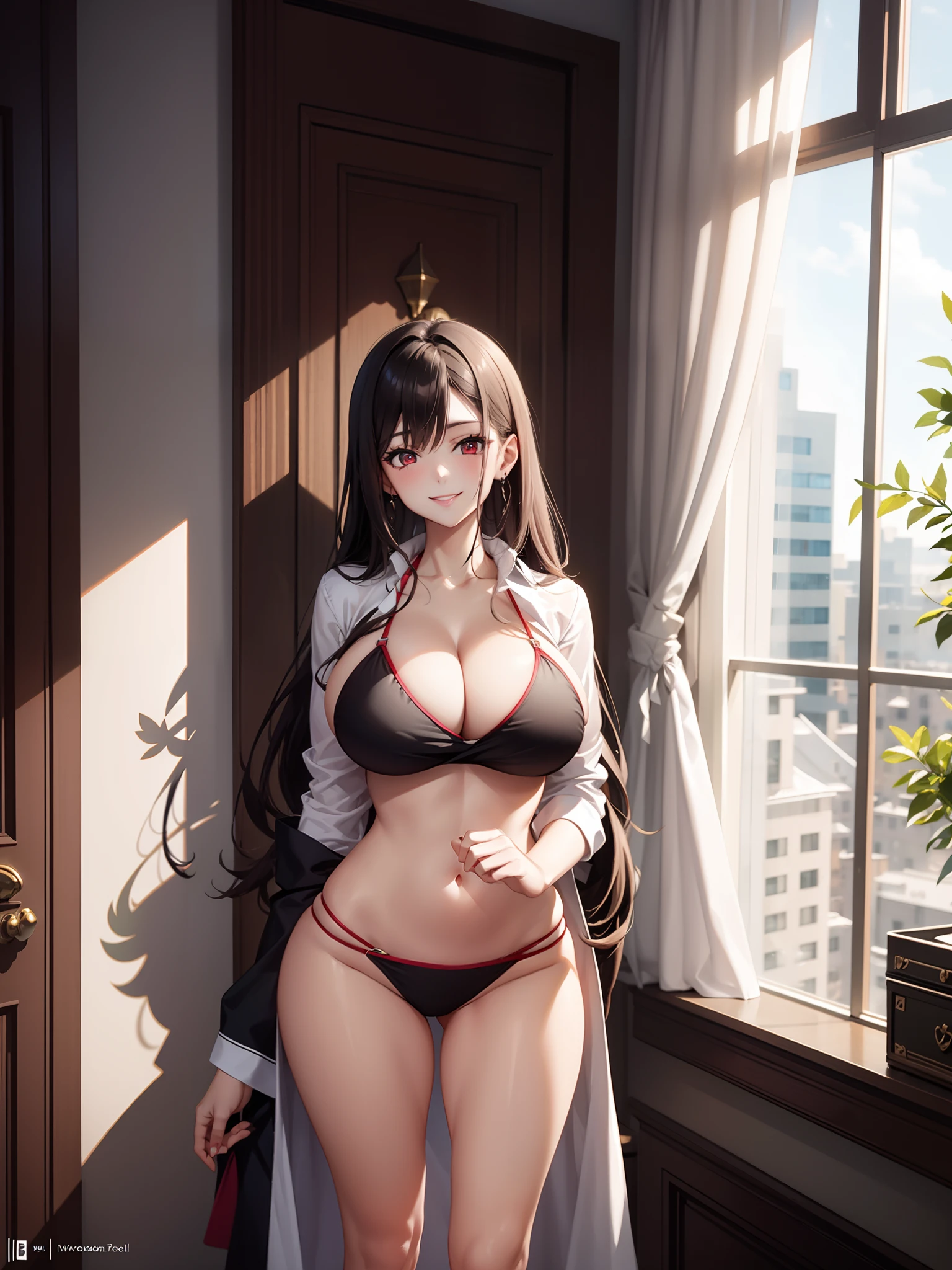 A woman in a white shirt and red eyes,Anime girl with seductive bikini, Sexy lower abdomen, Fine details,Bedroom room，seductiv，enchanted，Teasing smile, gigantic cleavage breasts，（huge tit:1.8）