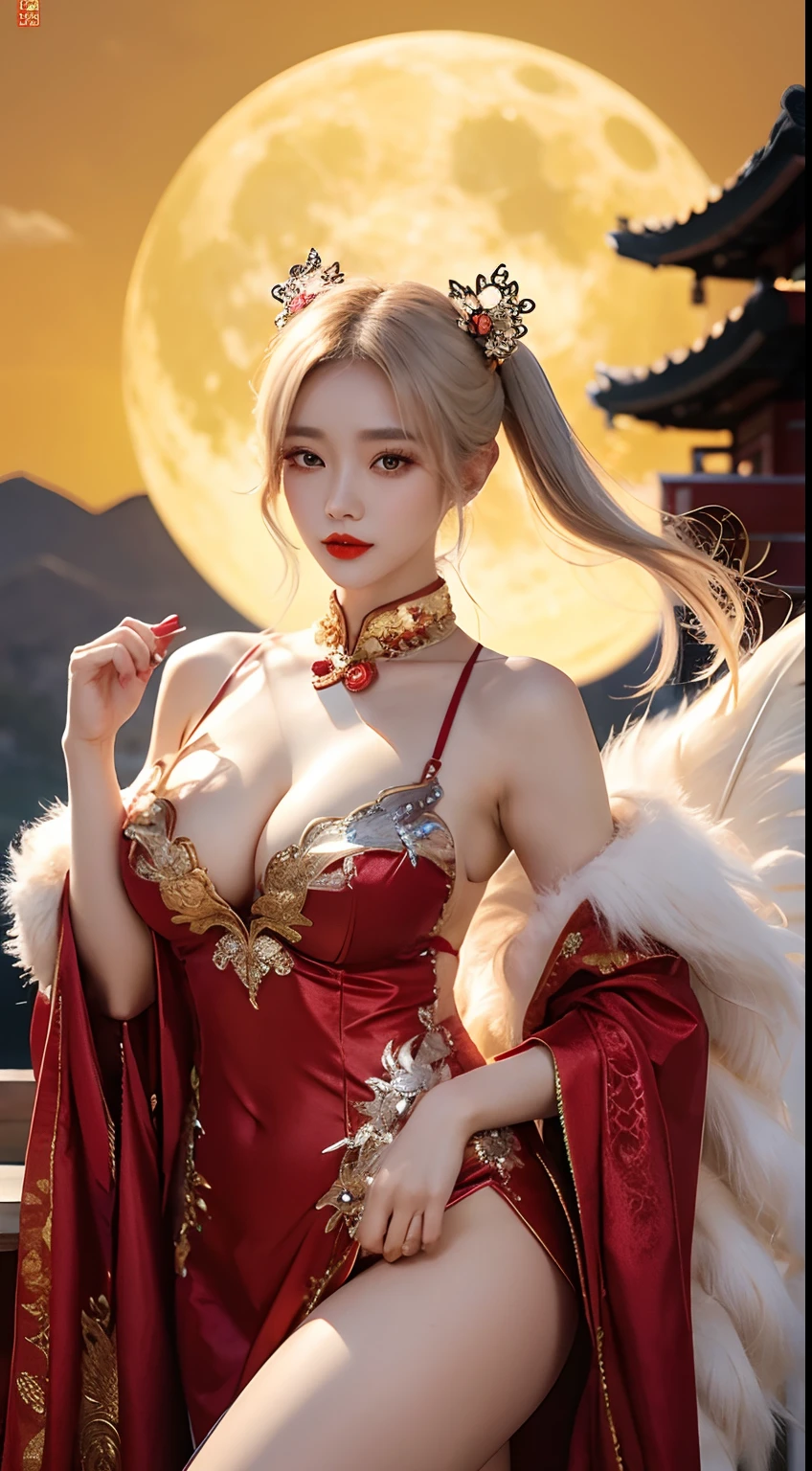 Beautiful Girl, Korean makeup, Red lips, Platinum hair, medium body, big breasts, thigh, Chinese fairy costume, Antique, sexy outfits,Yellow costume, Mid-Autumn Festival decoration, moon background mode.