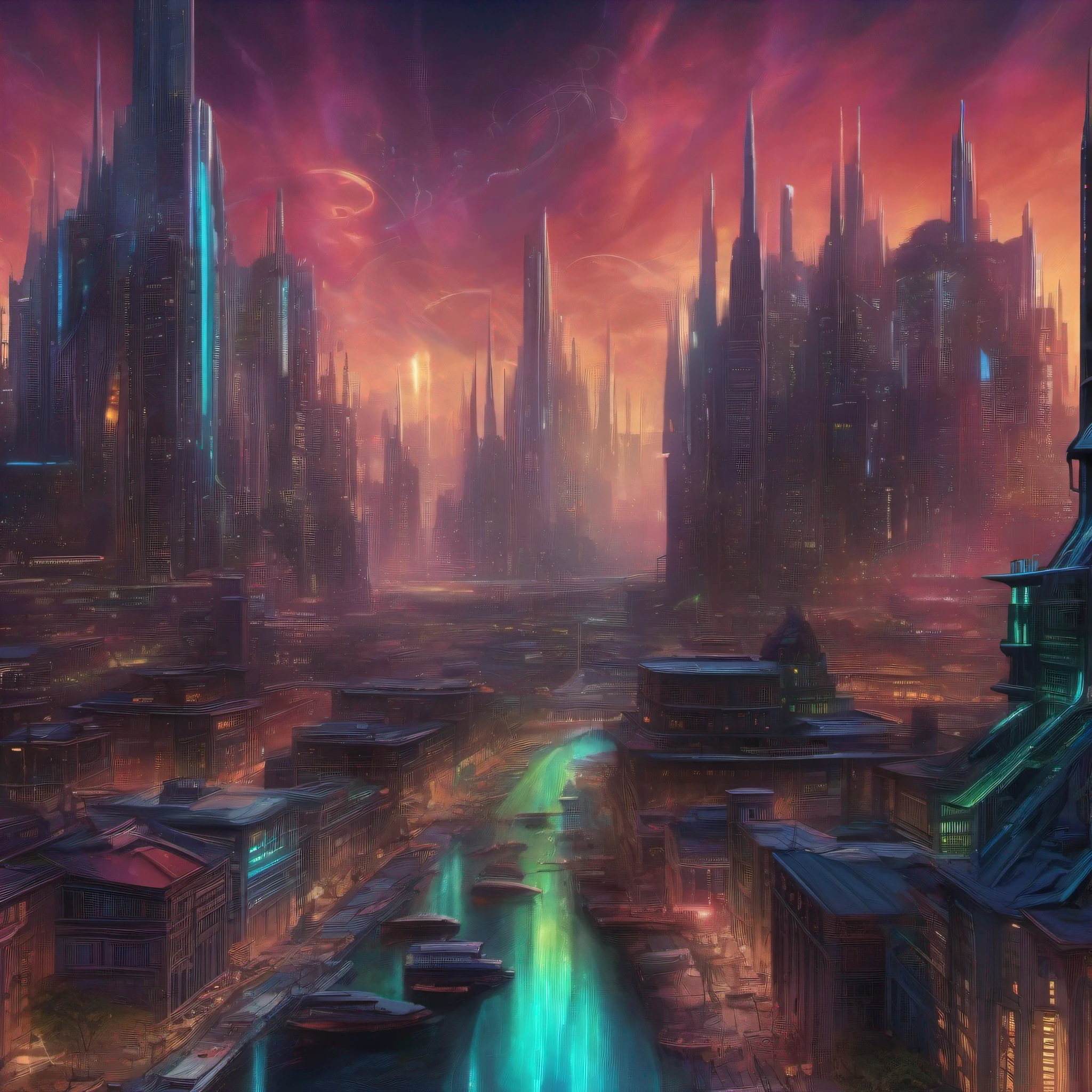 Create a charming UHD image of an imaginary futuristic city in cyberpunk style, where neon lights illuminate skyscrapers and a mesmerizing aurora borealis dances in the skies. Add a fantasy element with dragons flying through the urban setting. Alcance um (((enquadramento perfeito))) that highlights the intricate details of this fantastic world. Pay attention to the refined details of the city's architecture, Neon Plates and the Majestic Dragons. Use a color palette that blends vibrant neon tones with the ethereal colors of the aurora borealis. Find inspiration in the works of fantasy artists like H.R. Giger, Brian Froud e John Howe.