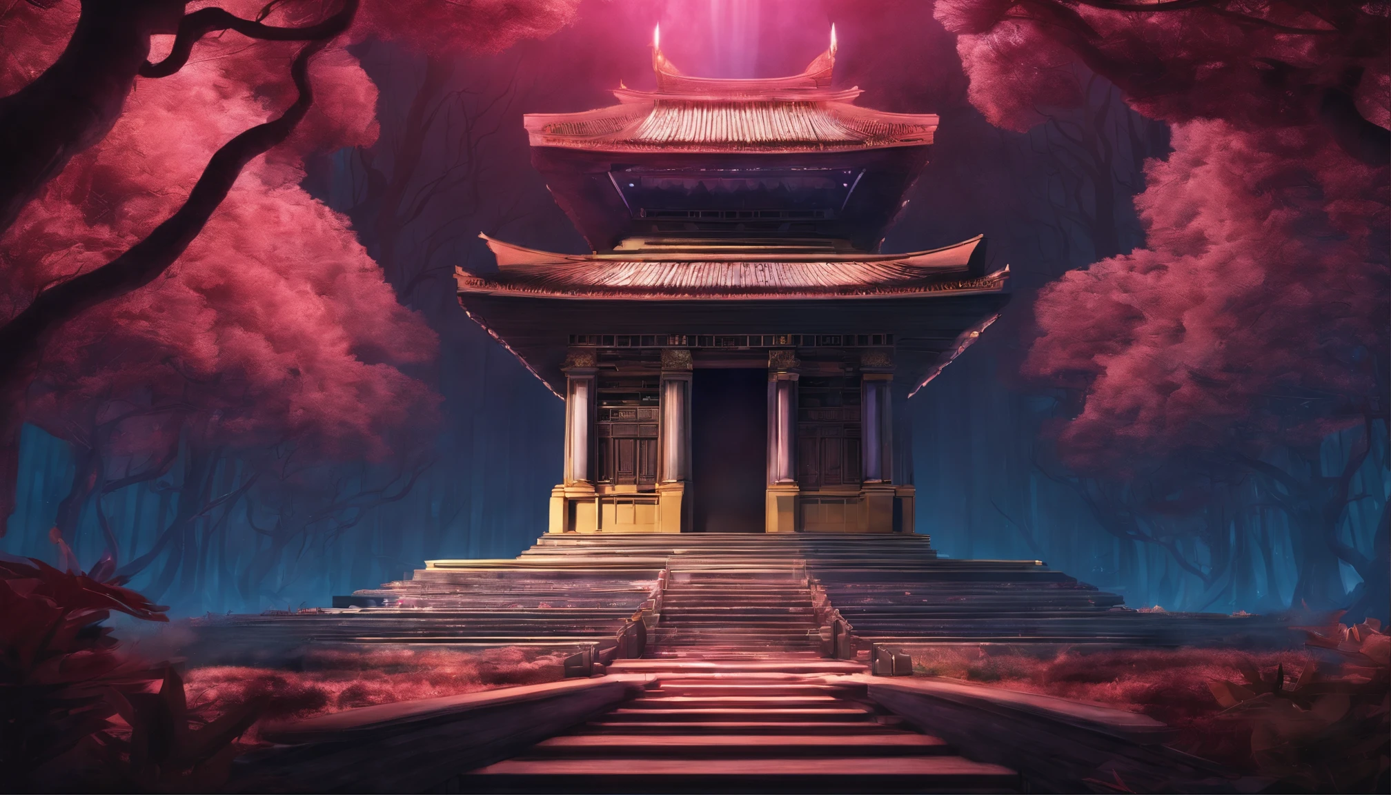 There is a huge glowing temple as the center focus nestled within a dark forest