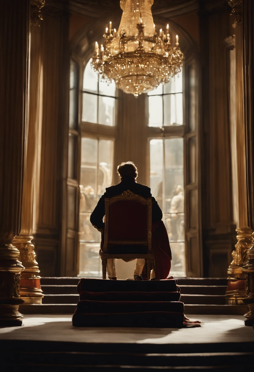 Depict Napoleon sitting on a majestic throne, com o lema "DDIM, eu sou o trono" escrito ao redor. Mostre-o como o centro do poder, cinemactic
