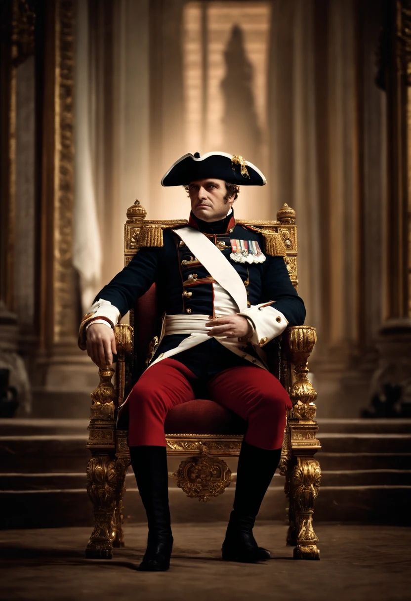 Depict Napoleon sitting on a majestic throne, com o lema "DDIM, eu sou o trono" escrito ao redor. Mostre-o como o centro do poder, cinemactic