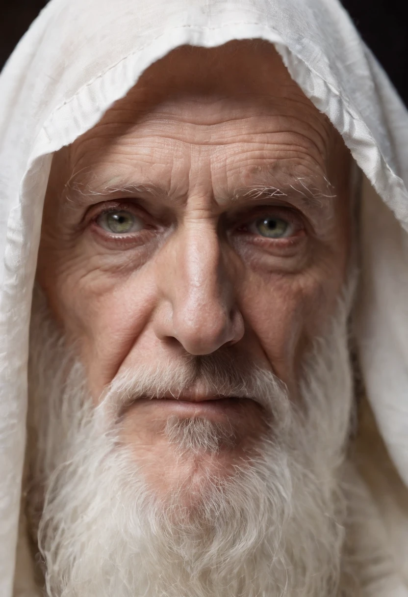 An epic close up portrait of elderly intense sinister eyes, and nose with long white beard, framed with a faded ancient tattered white linen hood, reflecting gold sparks in the irises of the eyes, white eyebrows, at night, dramatic lighting, high contrast, highest definition, hyperrealism, hyperrealistic, photorealistic, high resolution, hdr photography, 8k