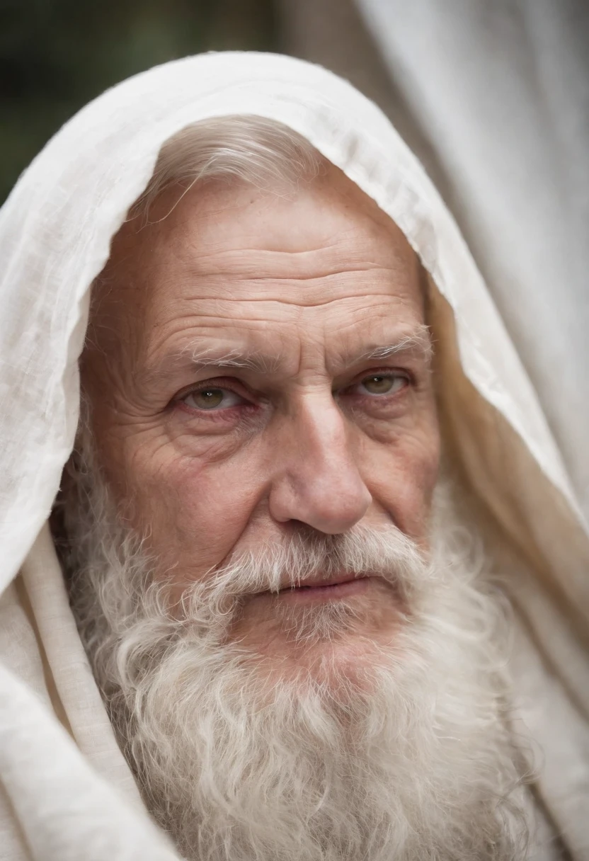 An epic close up portrait of elderly intense sinister eyes, and nose with long white beard, framed with a faded ancient tattered white linen hood, reflecting gold sparks in the irises of the eyes, white eyebrows, at night, dramatic lighting, high contrast, highest definition, hyperrealism, hyperrealistic, photorealistic, high resolution, hdr photography, 8k