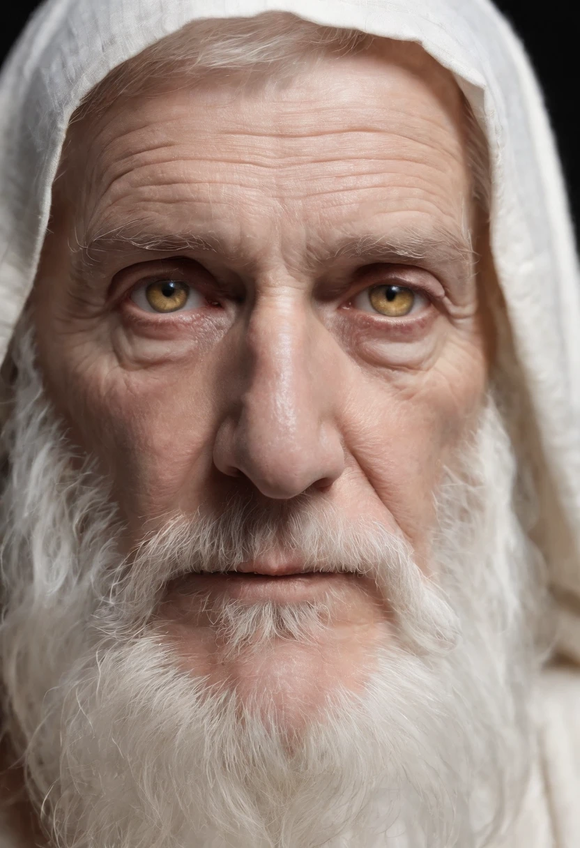 An epic close up portrait of elderly intense sinister eyes, and nose with long white beard, framed with a faded ancient tattered white linen hood, reflecting gold sparks in the irises of the eyes, white eyebrows, at night, dramatic lighting, high contrast, highest definition, hyperrealism, hyperrealistic, photorealistic, high resolution, hdr photography, 8k