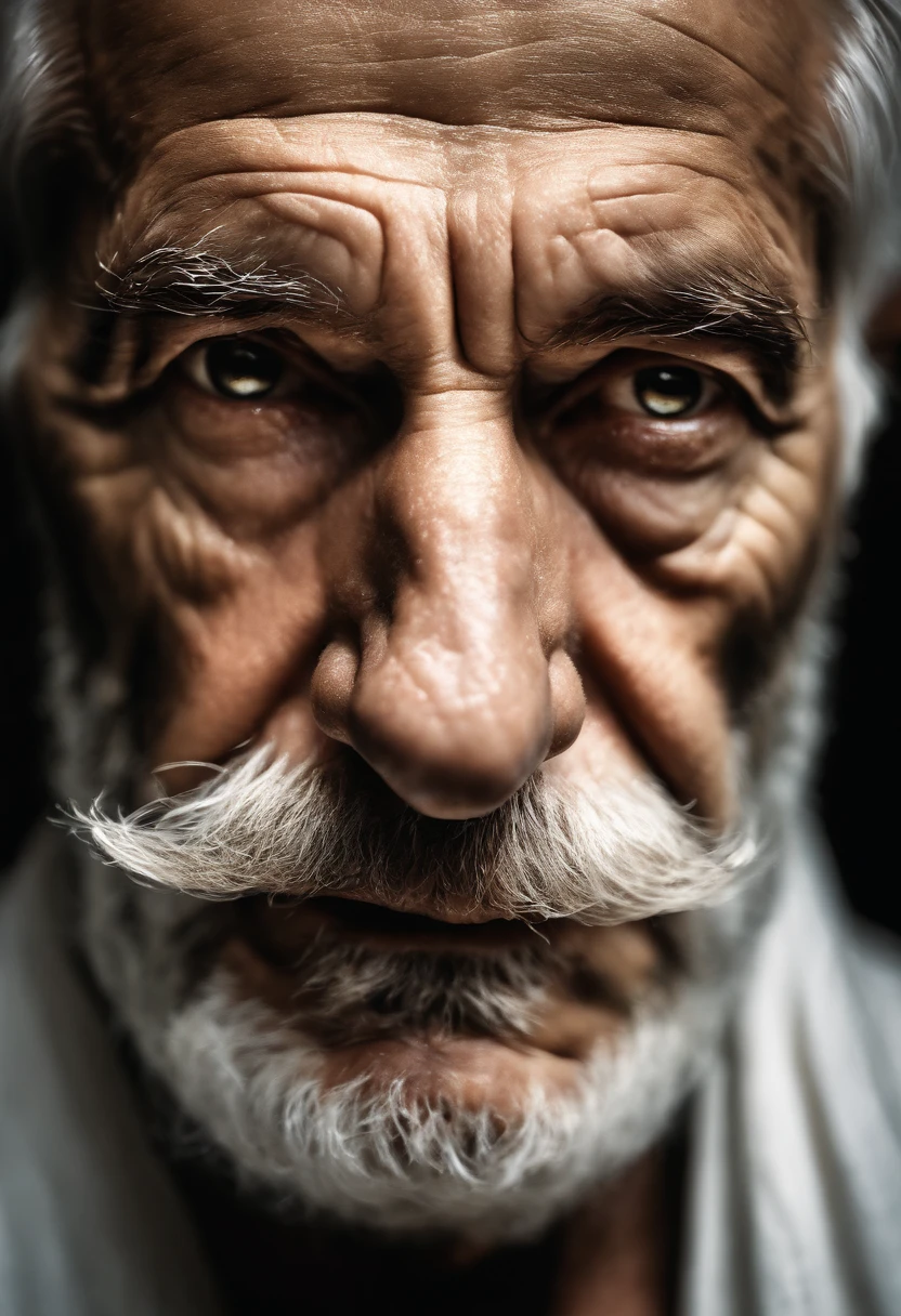 An epic close up portrait of elderly intense sinister eyes, and nose with long white beard, framed with a faded ancient tattered white linen hood, reflecting gold sparks in the irises of the eyes, white eyebrows, at night, dramatic lighting, high contrast, highest definition, hyperrealism, hyperrealistic, photorealistic, high resolution, hdr photography, 8k