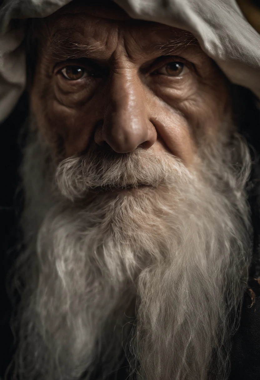 An epic close up portrait of elderly intense sinister eyes, and nose with long white beard, framed with a faded ancient tattered white linen hood, reflecting gold sparks in the irises of the eyes, white eyebrows, at night, dramatic lighting, high contrast, highest definition, hyperrealism, hyperrealistic, photorealistic, high resolution, hdr photography, 8k