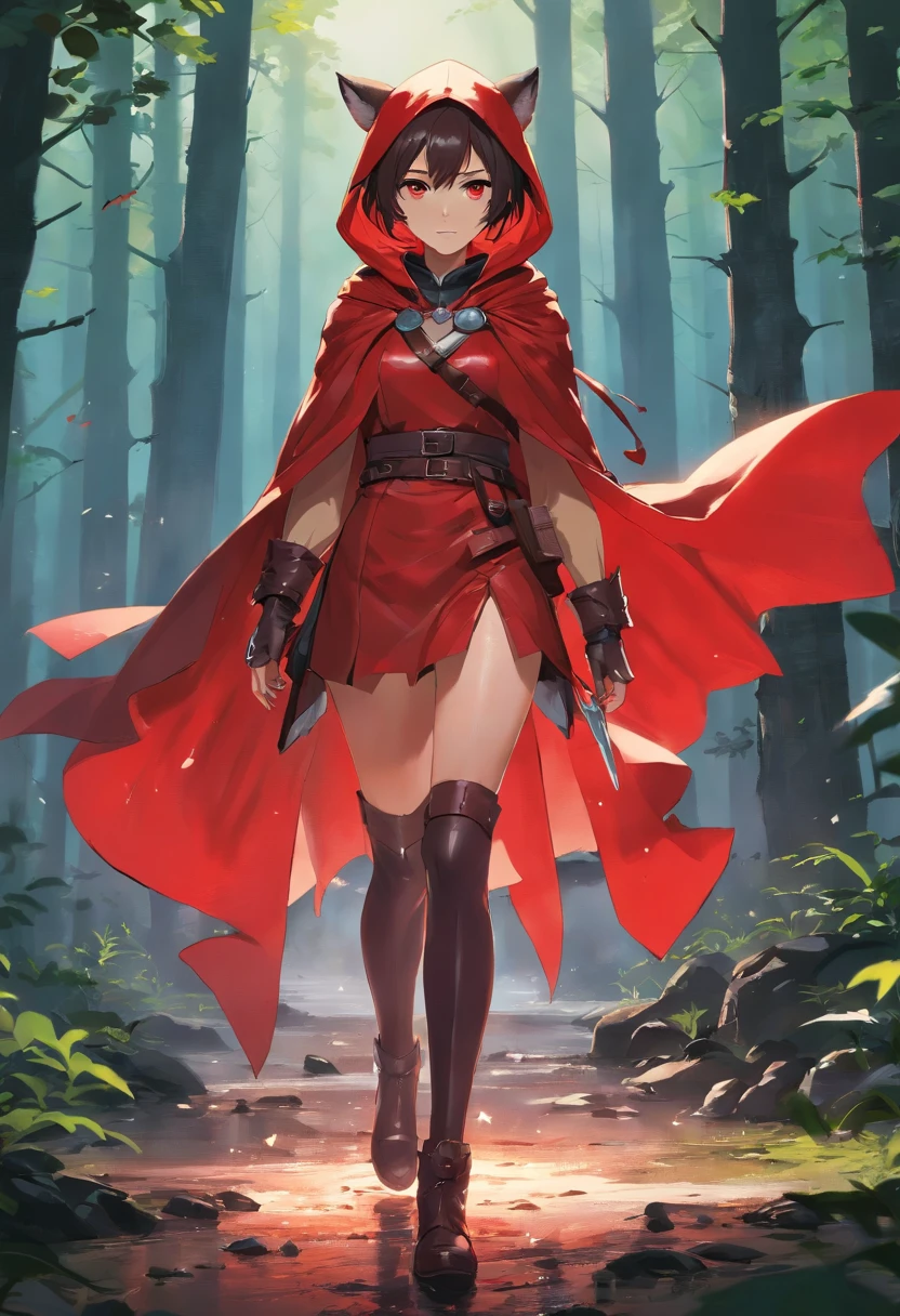 Its beautiful Little Red Riding Hood，Little Red Riding Hood floated in the air with a cold expression。She looked twelve or thirteen years old，The complexion is pale，Tall and tall，Cold and glamorous，Full of wildness，Her hood、The shawls were as bright red as blood，Under her shawl，It is a linen power suit with a bundled body，It has a leather shoulder strap across the chest，Wear a python fur belt at the waist，Pedal deerskin boots。And the one that matches this outfit，It was a short sword shining with a cold light、Hammers and throwing knives... An invisible force bloomed from within her，Form a force field of a perfect circle，The surface of the mud under its feet is semicircular and concave。Subtle makeup，prime time，realisticlying，hight contrast，8k HD，A detailed，hyper-detailing，realistic skin textures，Cover the red hood，big cleavage breasts，best qualtiy，超高分辨率，RAW photogr，dramatic  lighting，unreal-engine，diffused glow，Complex red hood，exteriors，Realistic detailed dark forest，falling leaf，light wind，（Take the slaughter wolf's head and drip blood）