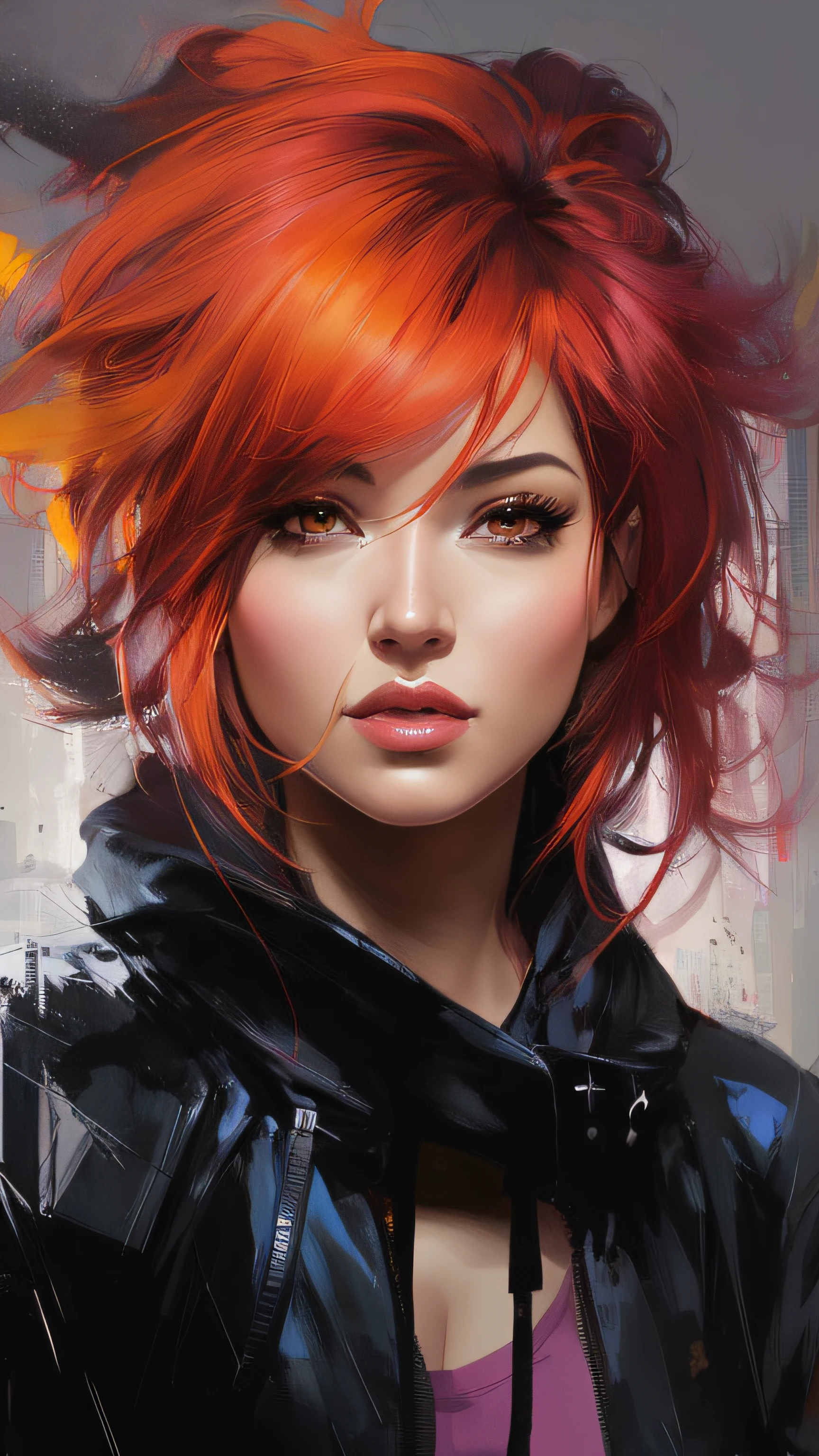 Una pintura de una mujer con cabello rojo y una chaqueta negra, Hermosa pintura de personajes, Retrato de RossDraw, RossDraw 1. 0, gorgeous digital painting, Artgerm Craig Mullins, Wadim Kashin. ultra realista, Lois Rossdraw, Cyberpunk pelirroja femenina, Retrato de Artgerm, Hermosa obra de arte digital, RossDrawS 2. 0