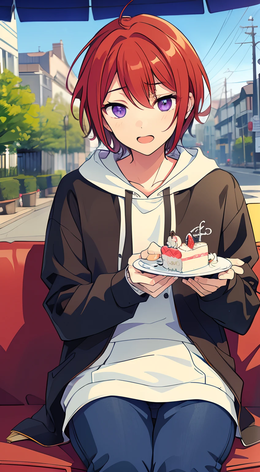 (masterpiece, best quality, absurdres,) 1boy, Sit on cafe, suou tsukasa, ensemble stars, holding plate, eat cake