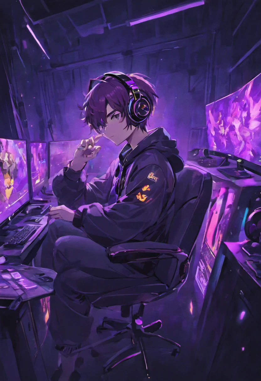 Man wearing headphones in front of the computer playing video games sitting in a gaming chair, dark background with purple details