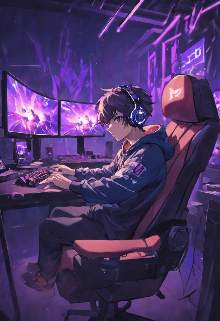 Man wearing headphones in front of the computer playing video games sitting in a gaming chair, dark background with purple details