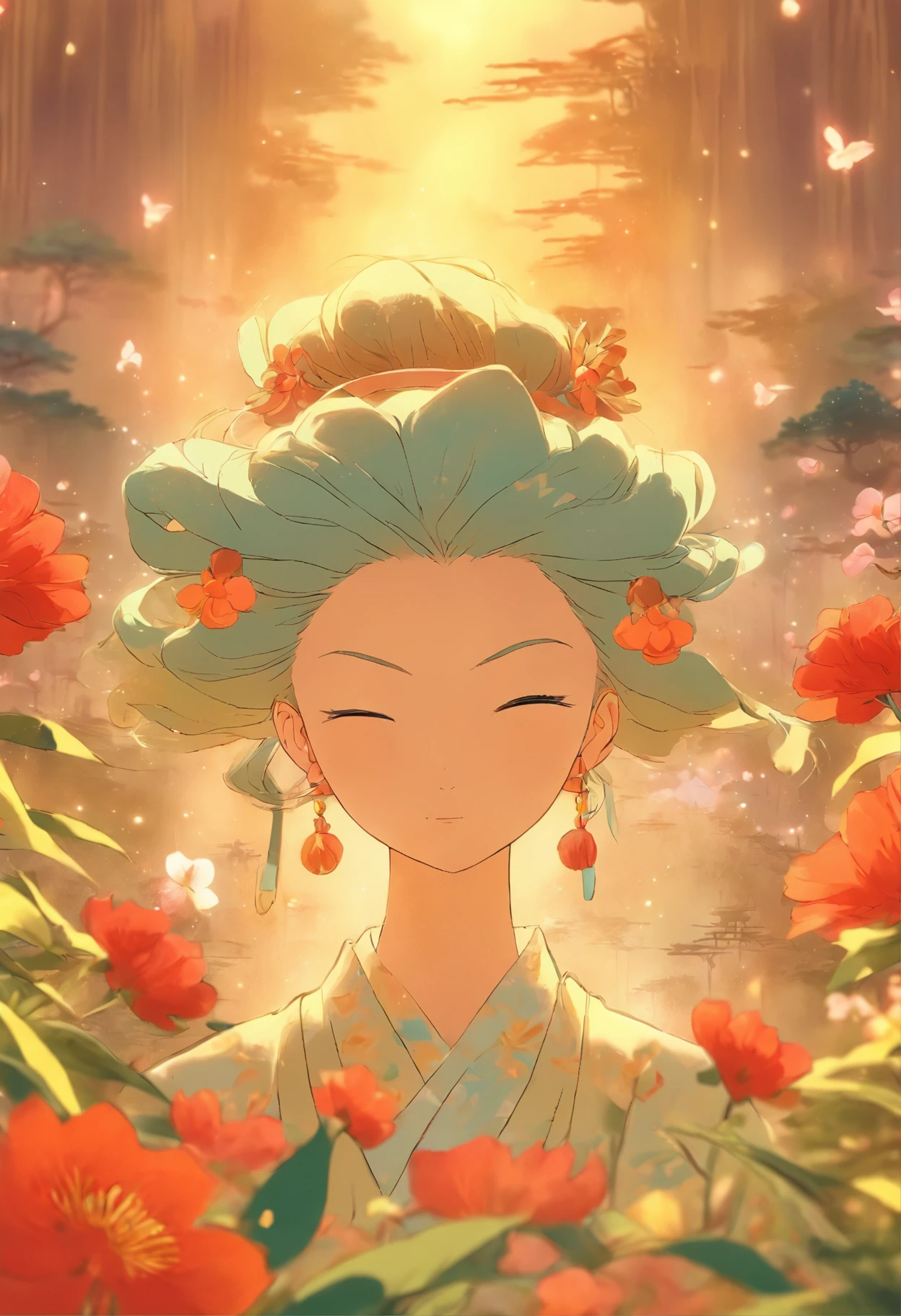 Field with beautiful flowers (close-up cleavage), meditate, Zazen, A meditative (Chinese landscape painting), (ink and watercolor painting), (8k wallpaper), (Light and Shadow Effect), rendering by octane, White balance design, Extremely detailed image representation, Wide angles, depth of fields, masterpiece, realistic, beautifully portrayed, a detailed, accurate, Masterpieces, masterpiece”