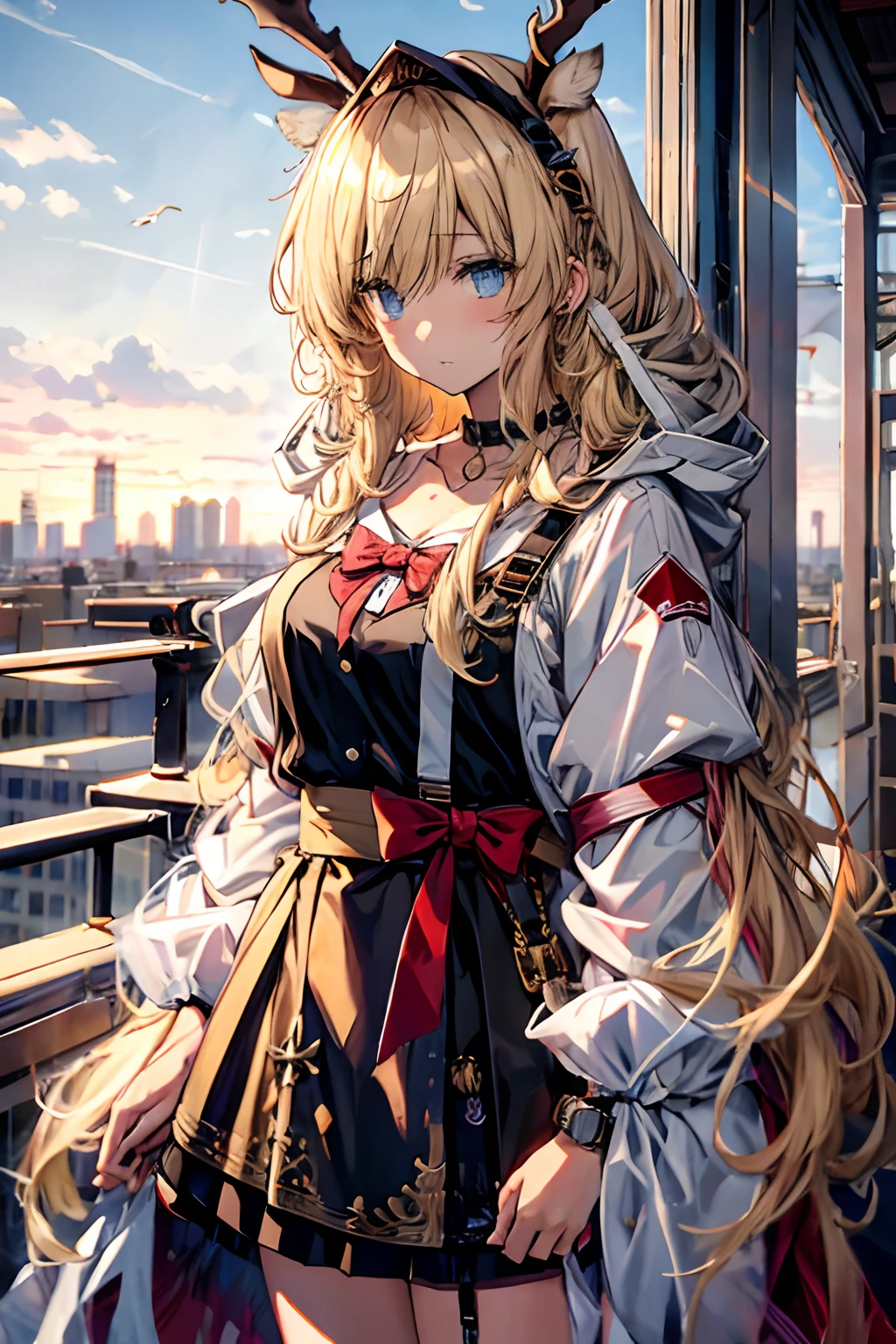 Best quality at best，tmasterpiece，1girll，Blonde hair，messy  hair，curly_Hair，The shirt，a skirt，kawai，JK，Red_bow，Wrist watch，choker necklace，view over city，Original photo of 8K，超高分辨率，highest details，复杂，8K，hdr