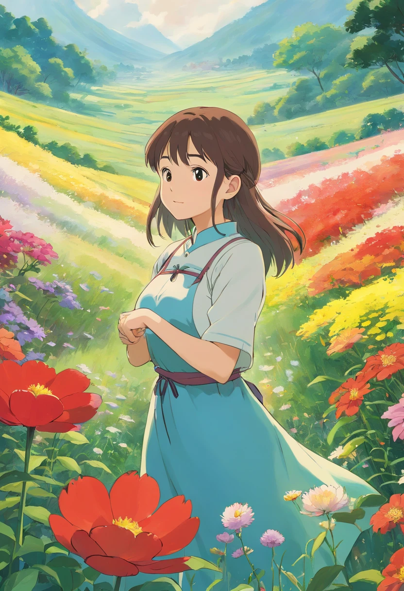 Field with beautiful flowers (close-up cleavage), meditate, Zazen, A meditative (Chinese landscape painting), (ink and watercolor painting), (8k wallpaper), (Light and Shadow Effect), rendering by octane, White balance design, Extremely detailed image representation, Wide angles, depth of fields, masterpiece, realistic, beautifully portrayed, a detailed, accurate, Masterpieces, masterpiece”