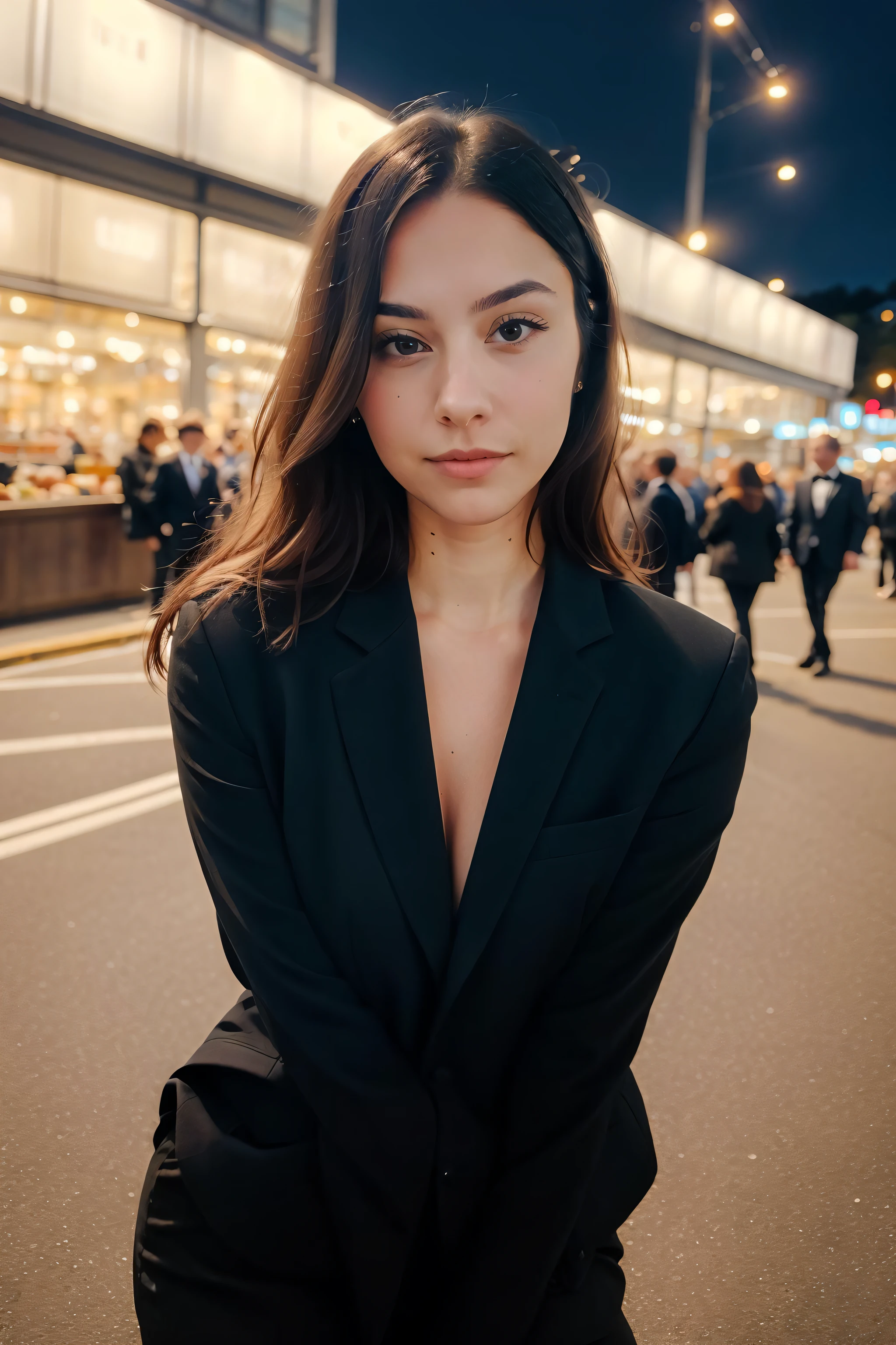 solo, very detailed, detailed face, charlotte_namura, picture of a beautiful girl wearing black tuxedo, soft smile, outside in a common place