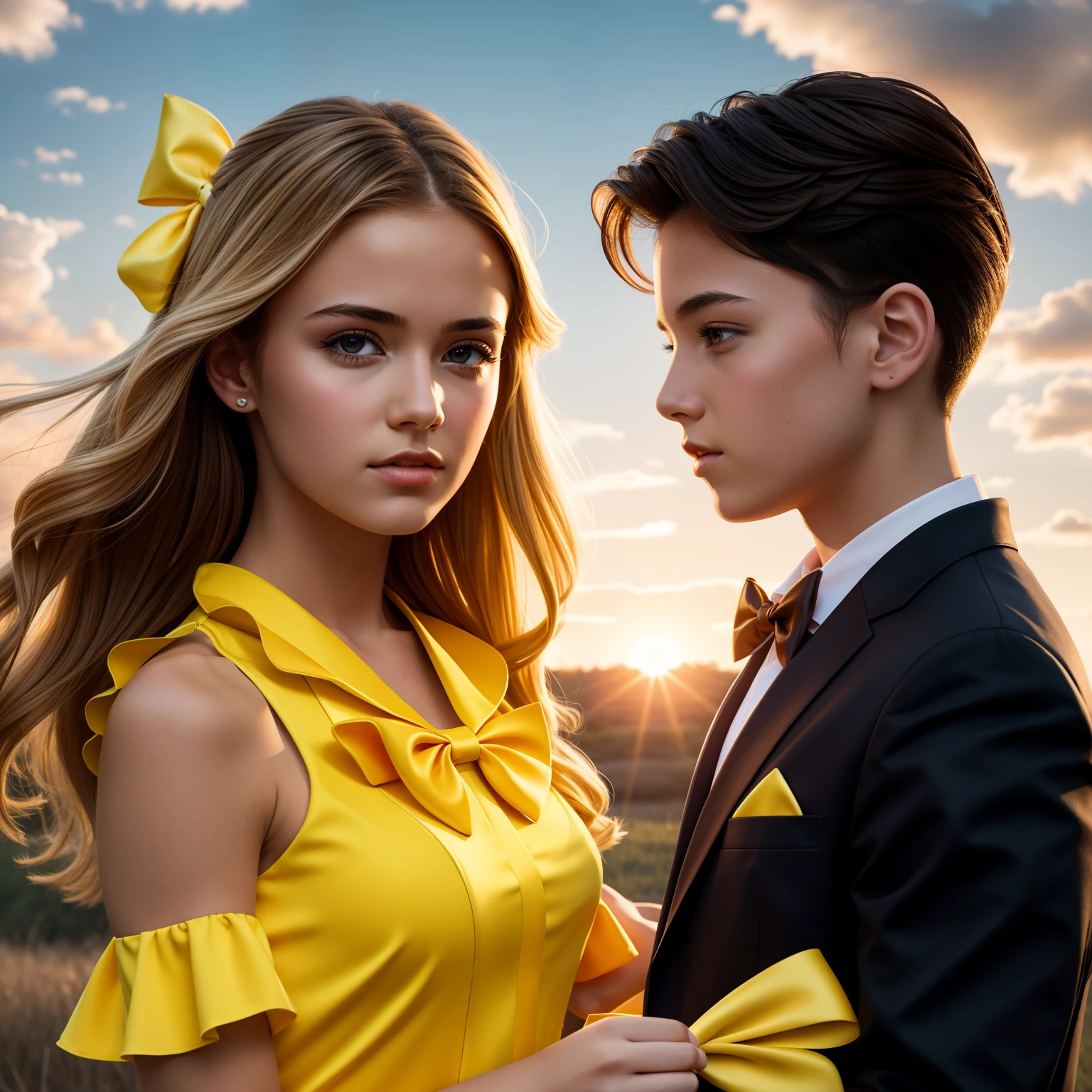 Fan art; 1girl, 1boy, Dress, exteriors, red sky, Yellow bow,, Ultra Detailed