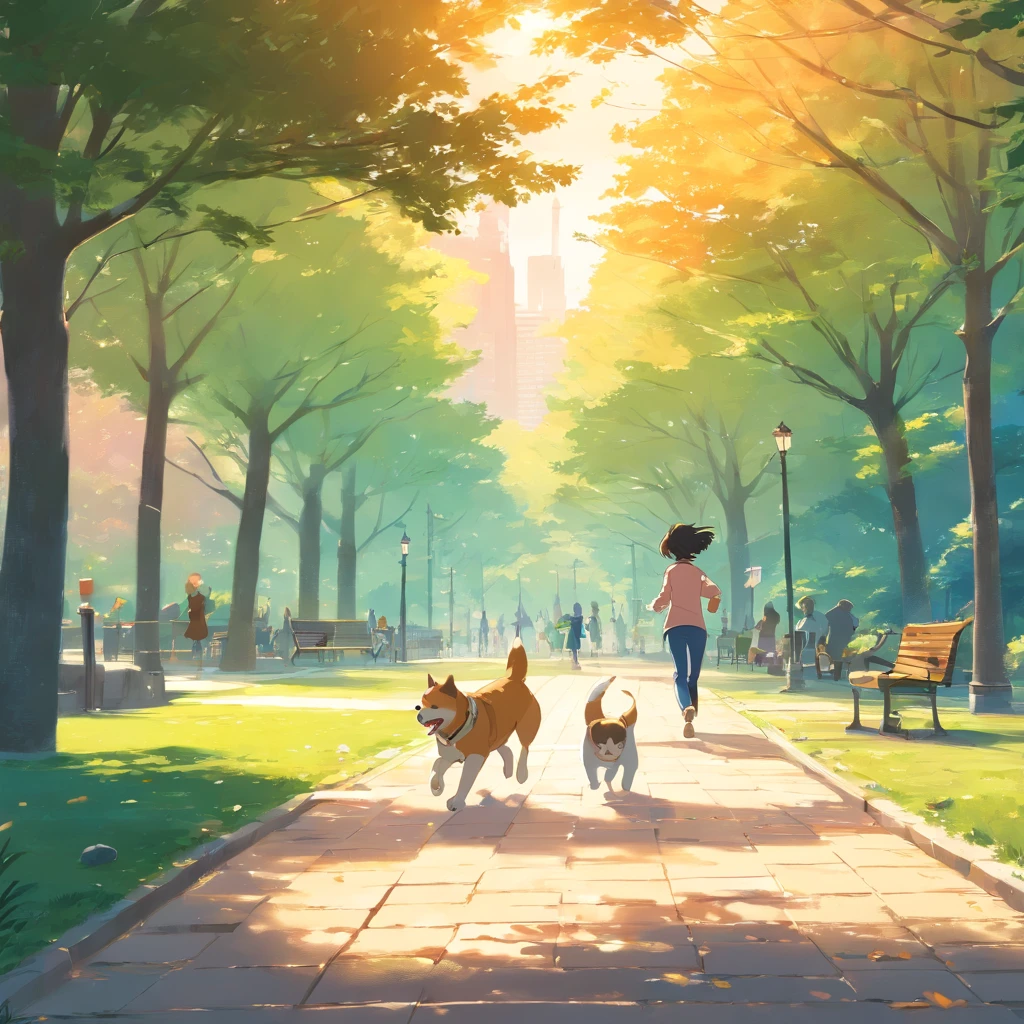a dog chasing a cat in the park