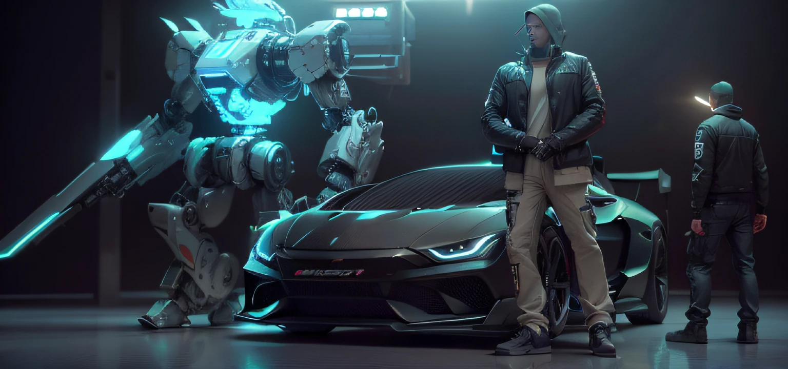 a man is standing next to a robot and a car, in the style of hip-hop inspired cell shaded 3d octane rendering