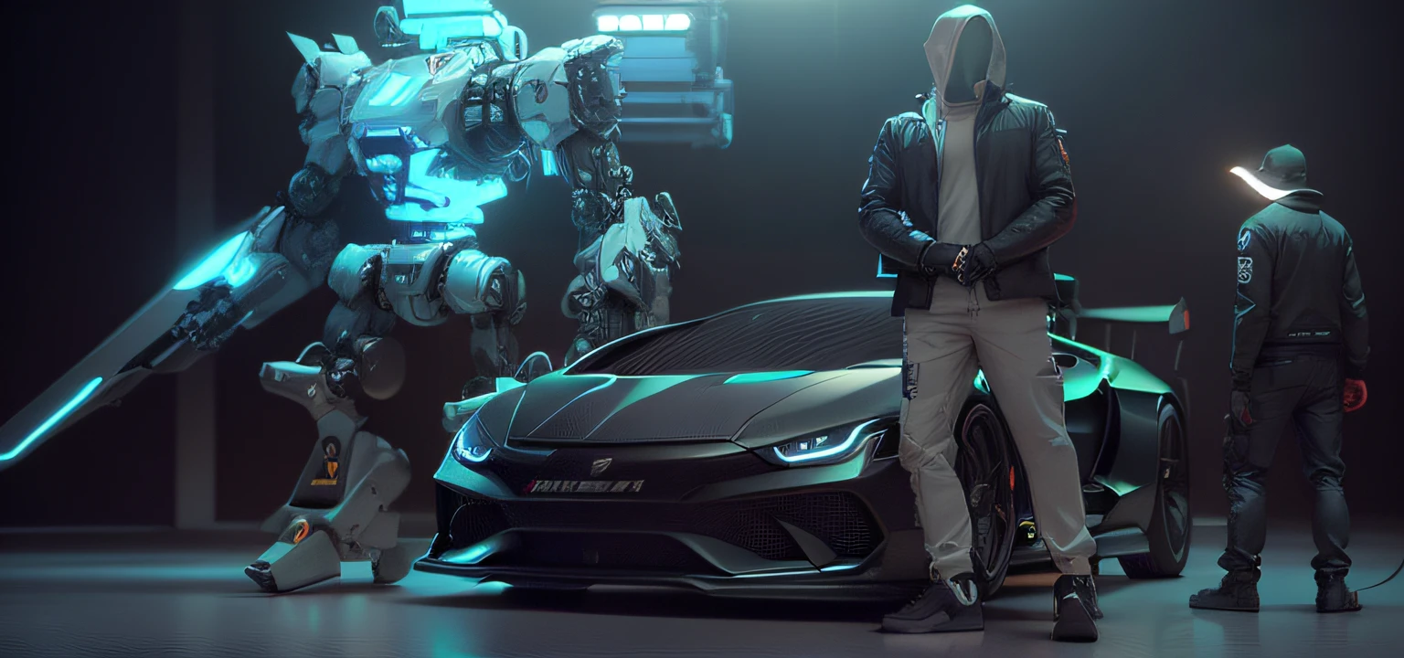 a man is standing next to a robot and a car, in the style of hip-hop inspired in the style of cell shaded 3d octane rendering